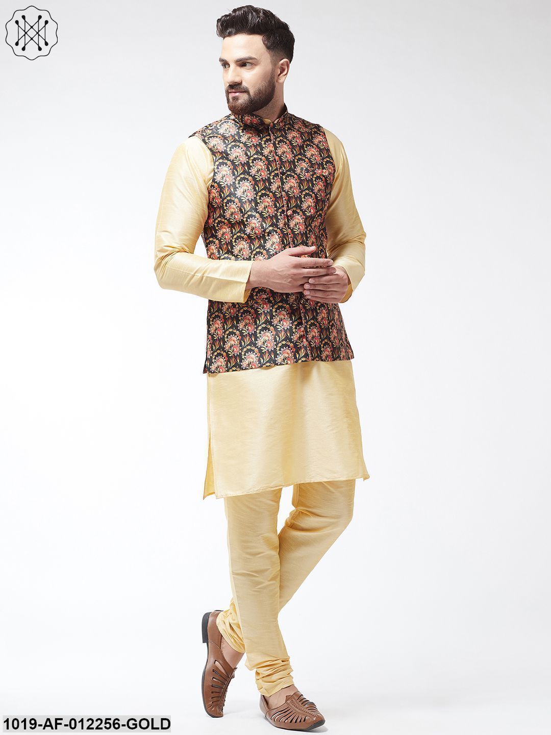 Men's Silk Blend Gold Kurta With Pyjama & Darkgreen Printed Nehrujacket Combo - Sojanya