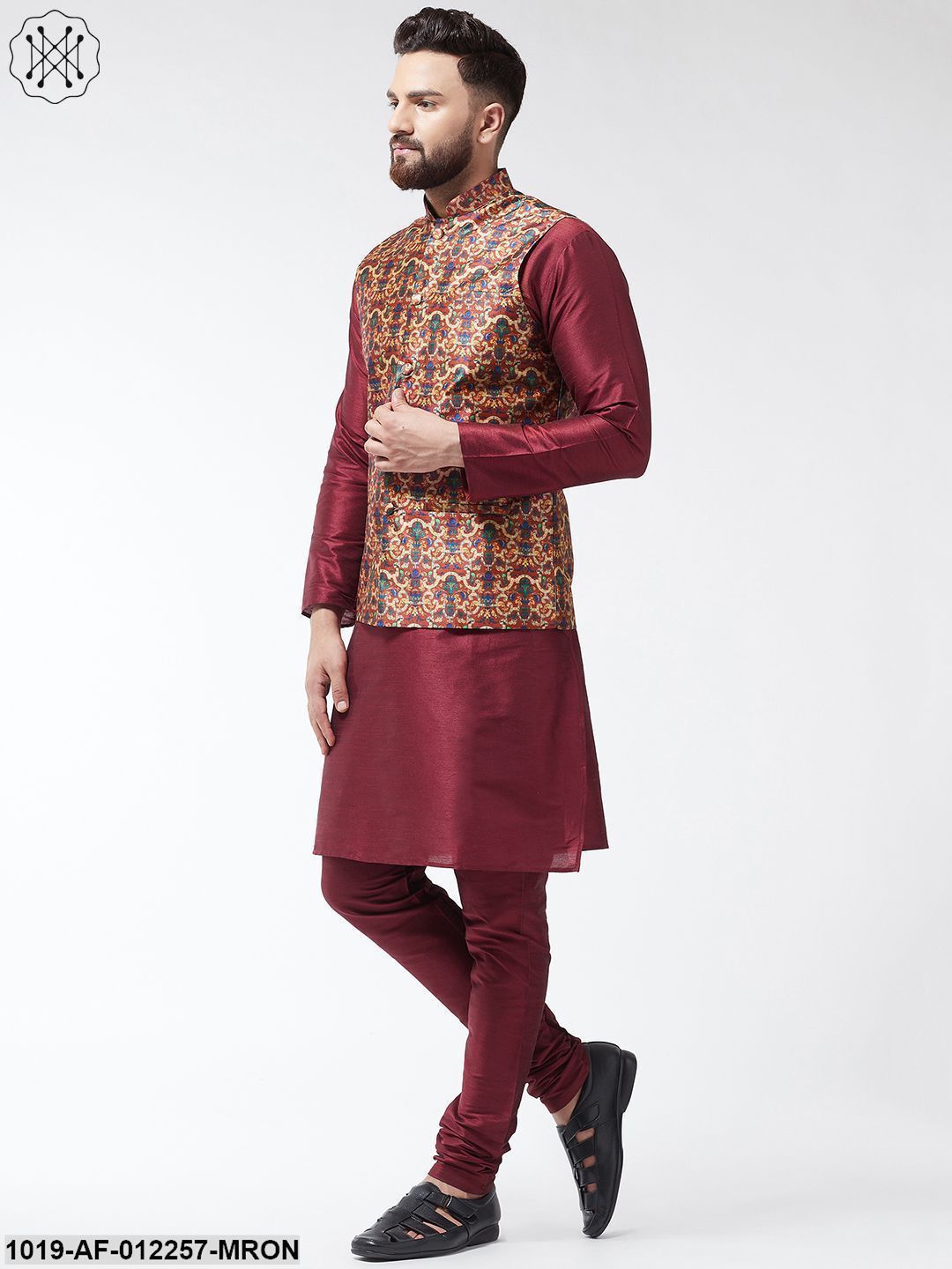Men's Silk Blend Maroon Kurta With Pyjama & Multi Printed Nehrujacket Combo - Sojanya