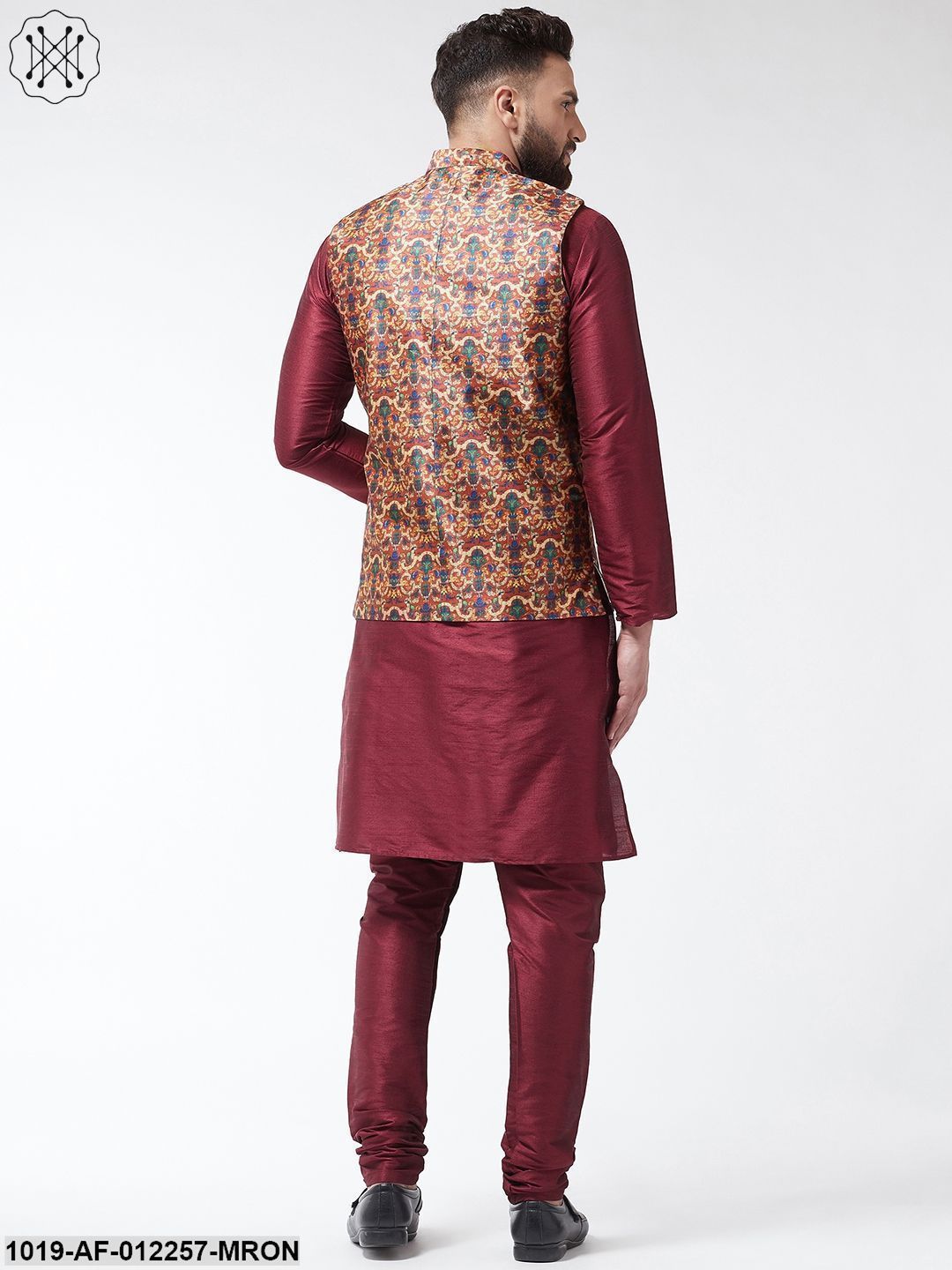 Men's Silk Blend Maroon Kurta With Pyjama & Multi Printed Nehrujacket Combo - Sojanya