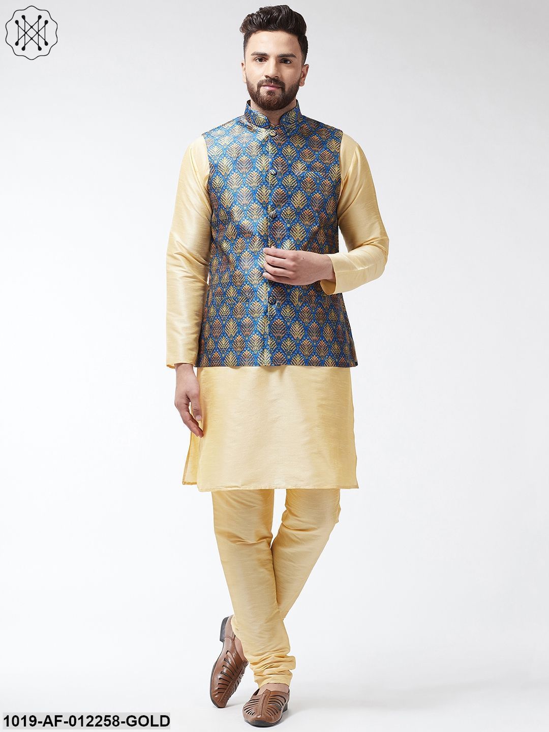 Men's Silk Blend Gold Kurta With Pyjama & Blue Printed Nehrujacket Combo