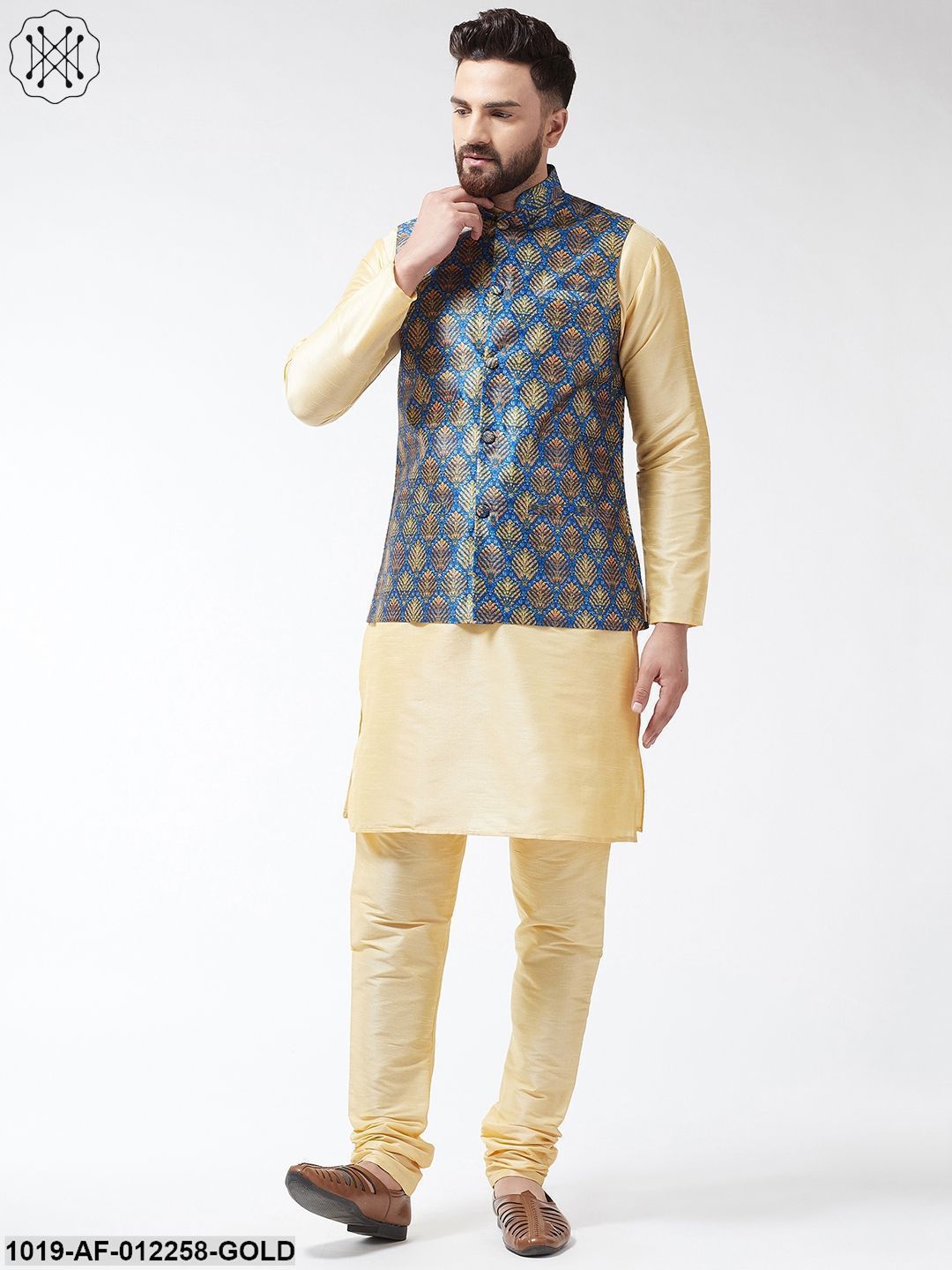 Men's Silk Blend Gold Kurta With Pyjama & Blue Printed Nehrujacket Combo