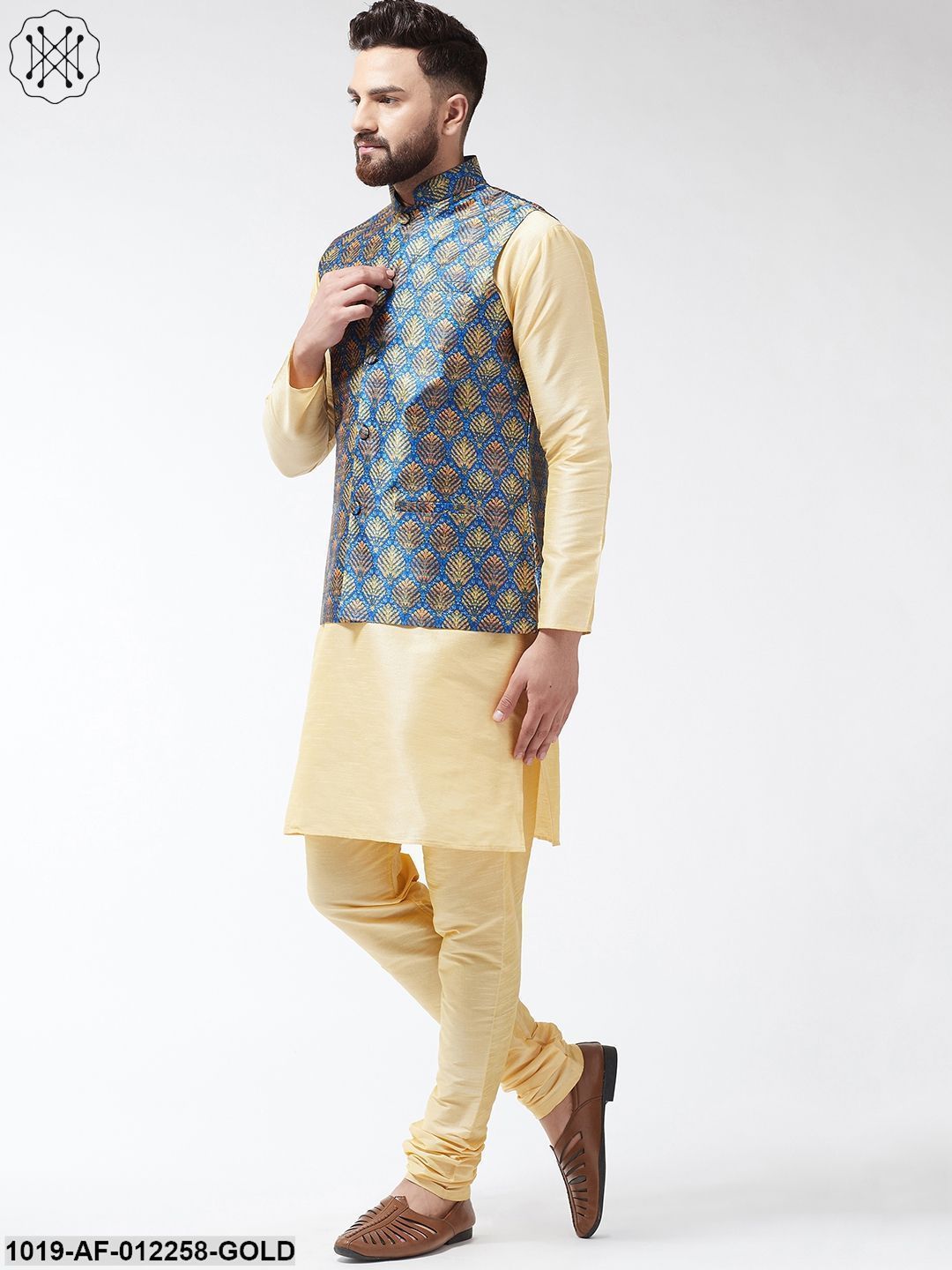 Men's Silk Blend Gold Kurta With Pyjama & Blue Printed Nehrujacket Combo