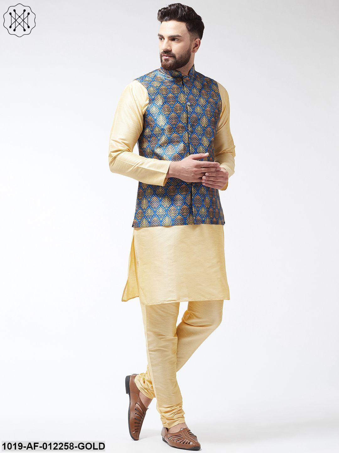 Men's Silk Blend Gold Kurta With Pyjama & Blue Printed Nehrujacket Combo