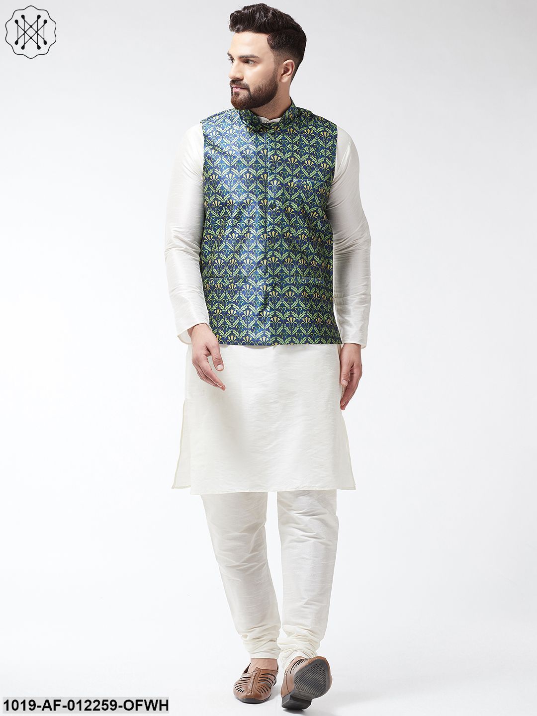 Men's Silk Blend Off White Kurta With Pyjama & Blue Printed Nehrujacket Combo