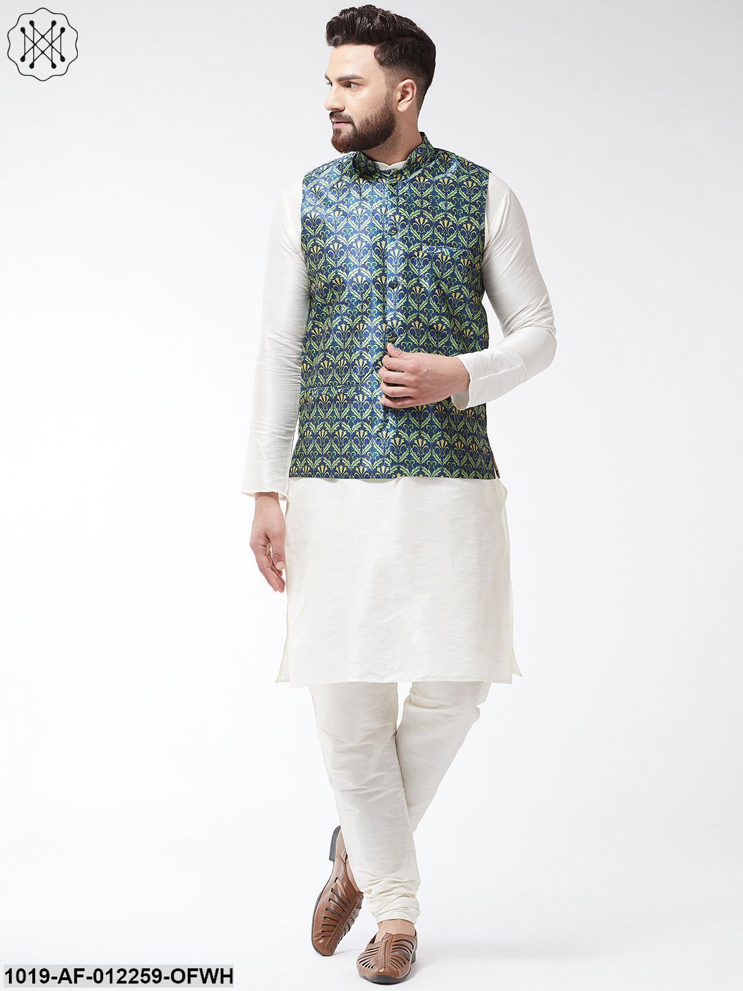 Men's Silk Blend Off White Kurta With Pyjama & Blue Printed Nehrujacket Combo