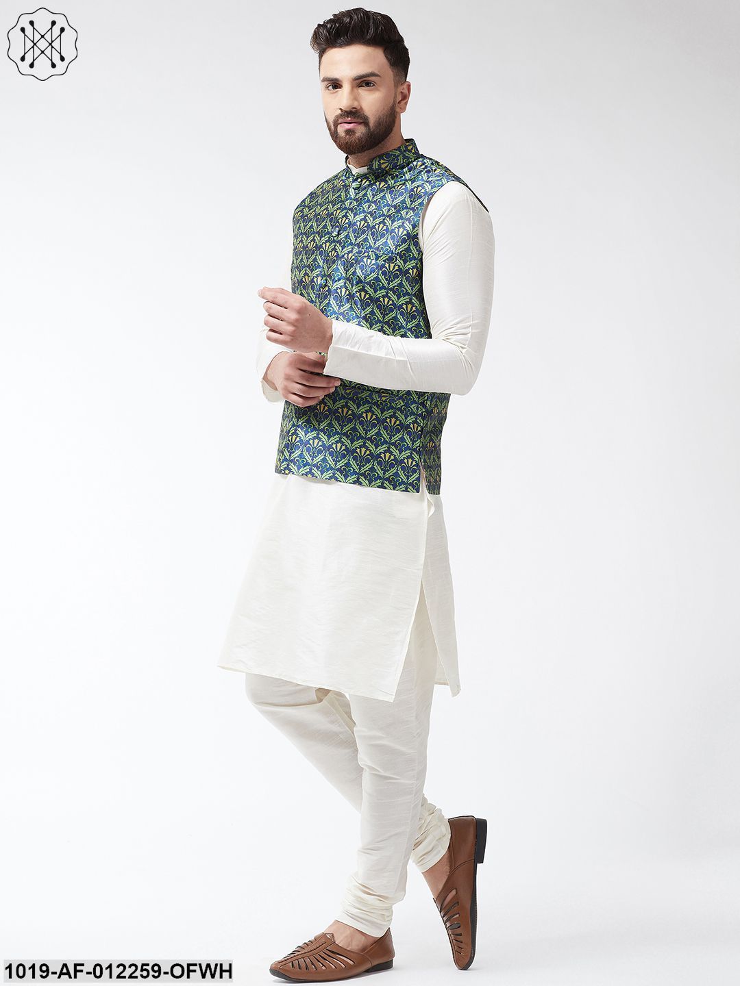 Men's Silk Blend Off White Kurta With Pyjama & Blue Printed Nehrujacket Combo