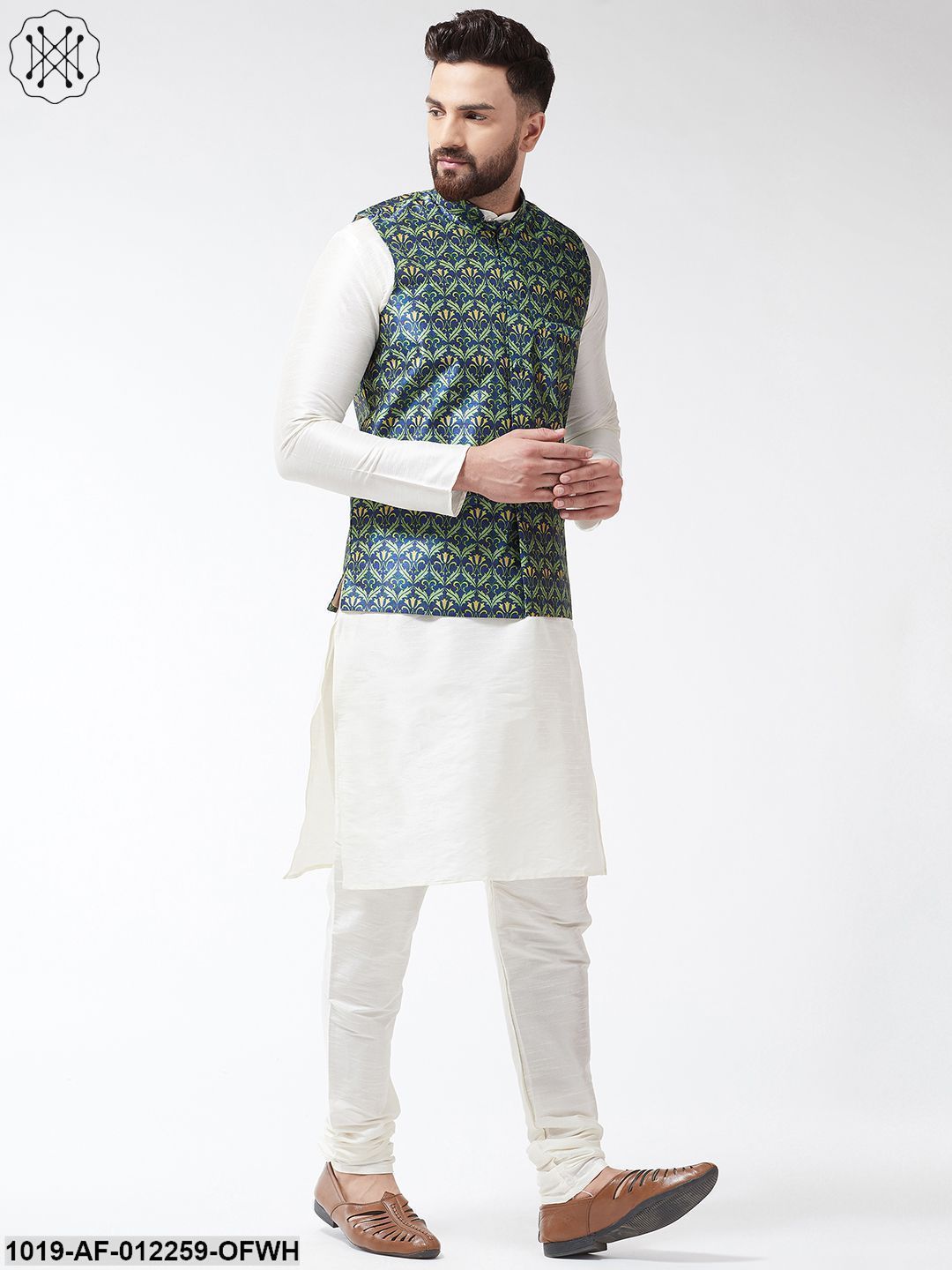 Men's Silk Blend Off White Kurta With Pyjama & Blue Printed Nehrujacket Combo