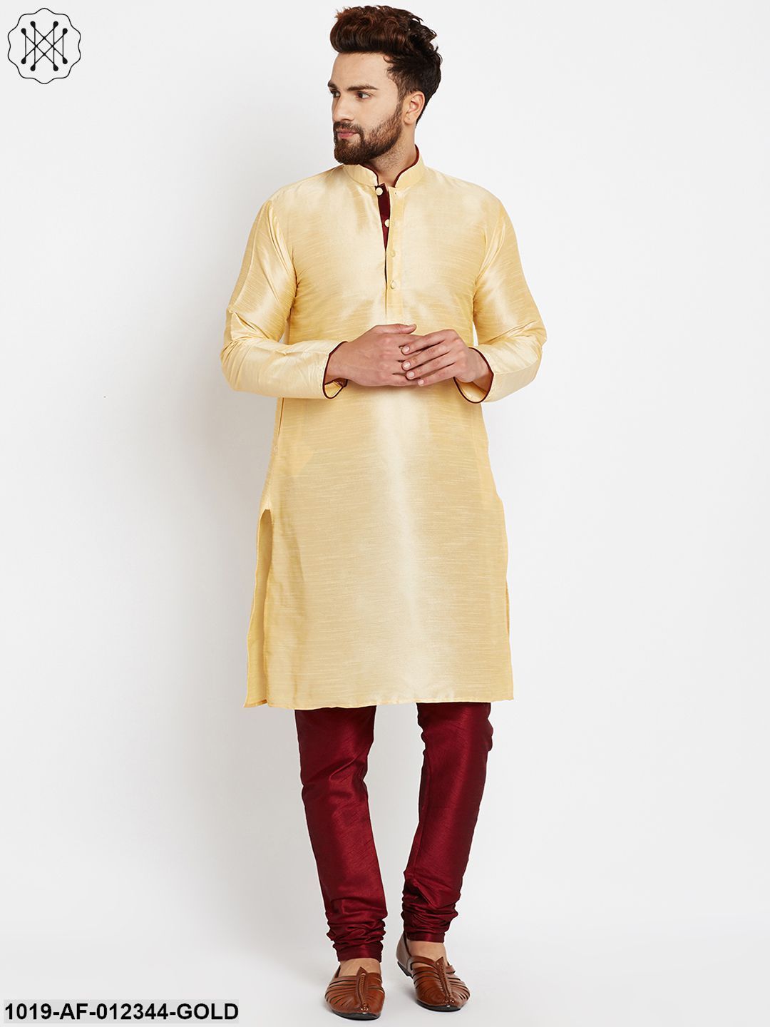 Men's Golden, Dupion Silk Kurta Churidaar Set