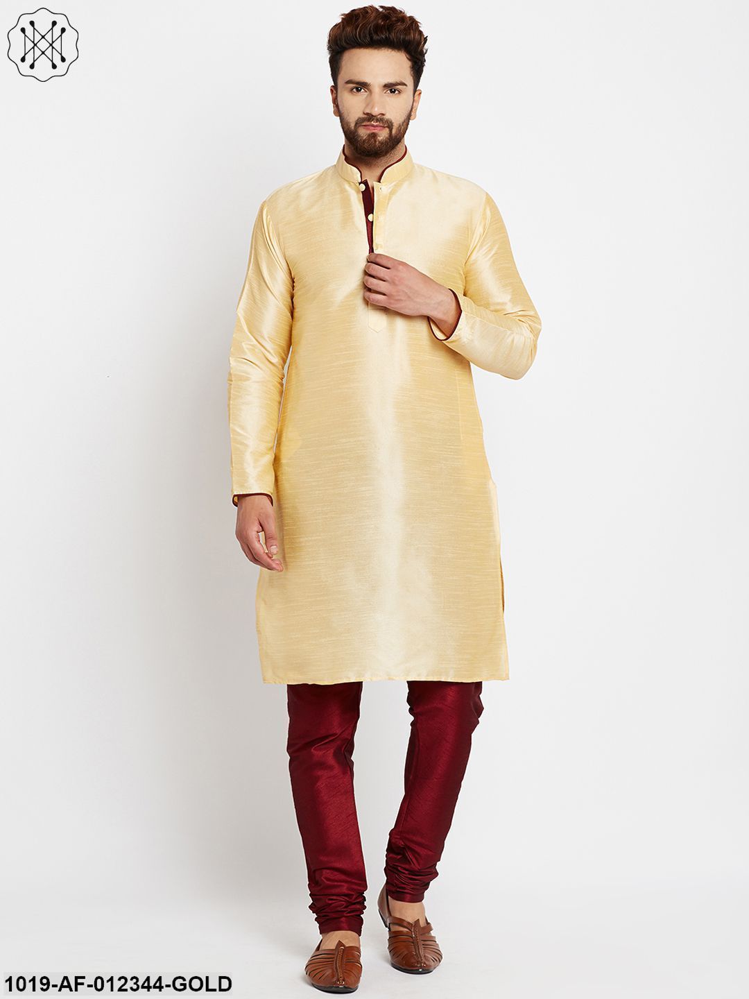Men's Golden, Dupion Silk Kurta Churidaar Set