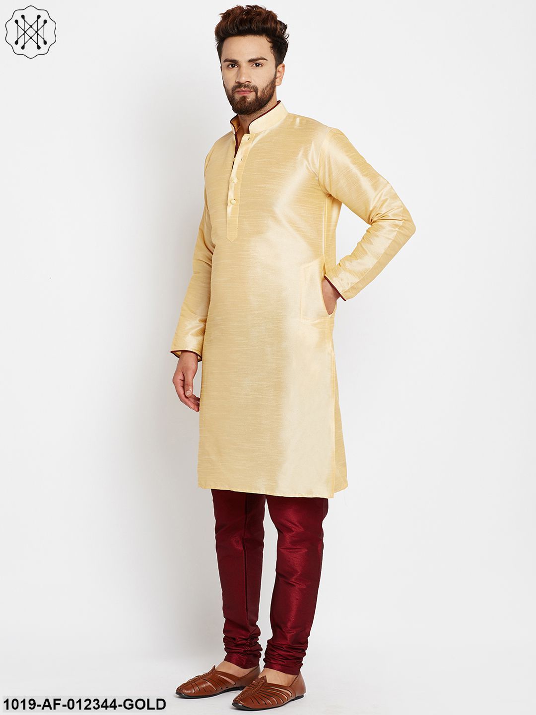 Men's Golden, Dupion Silk Kurta Churidaar Set