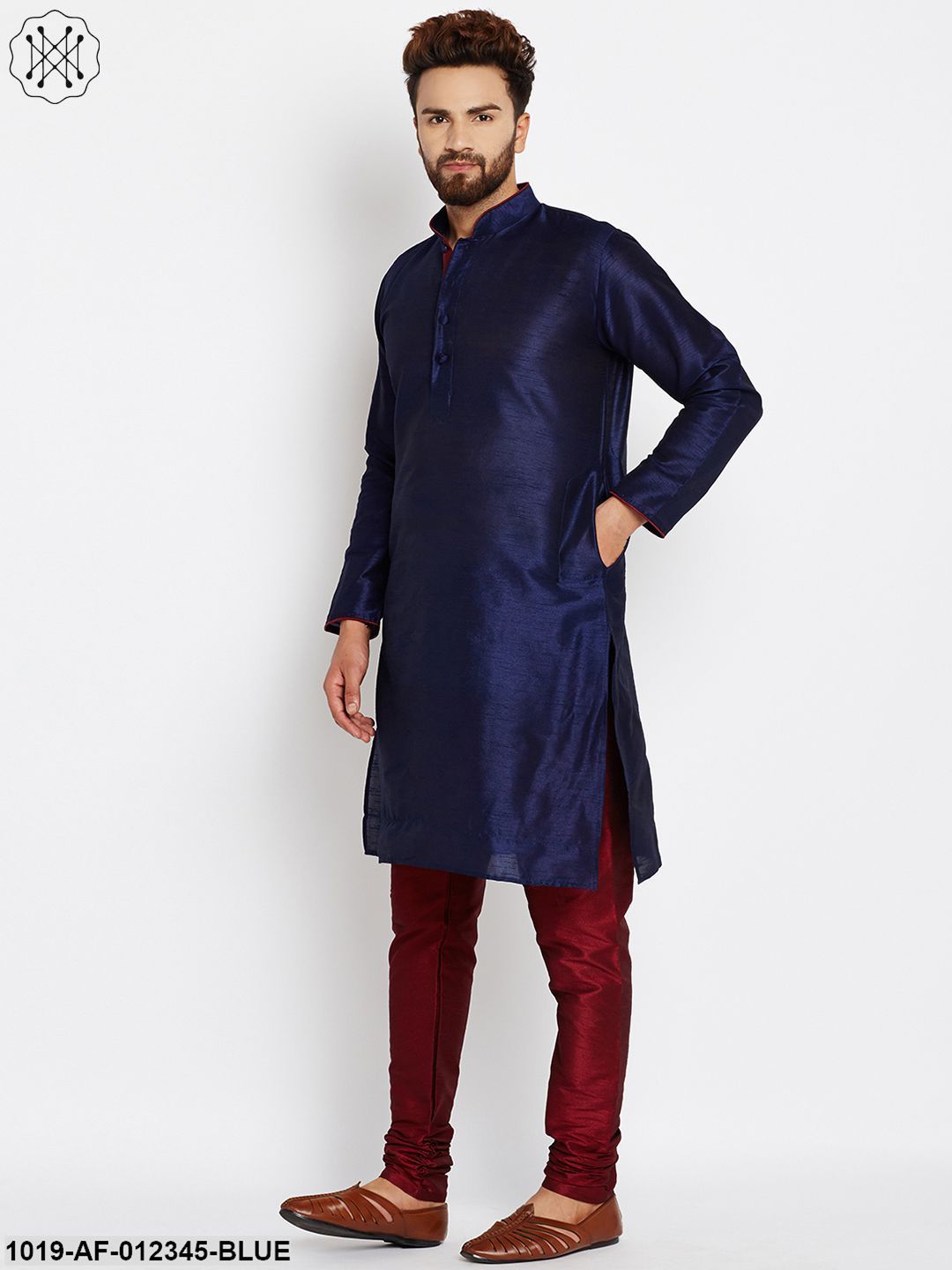 Men's Royal Blue, Dupion Silk Kurta Churidaar Set