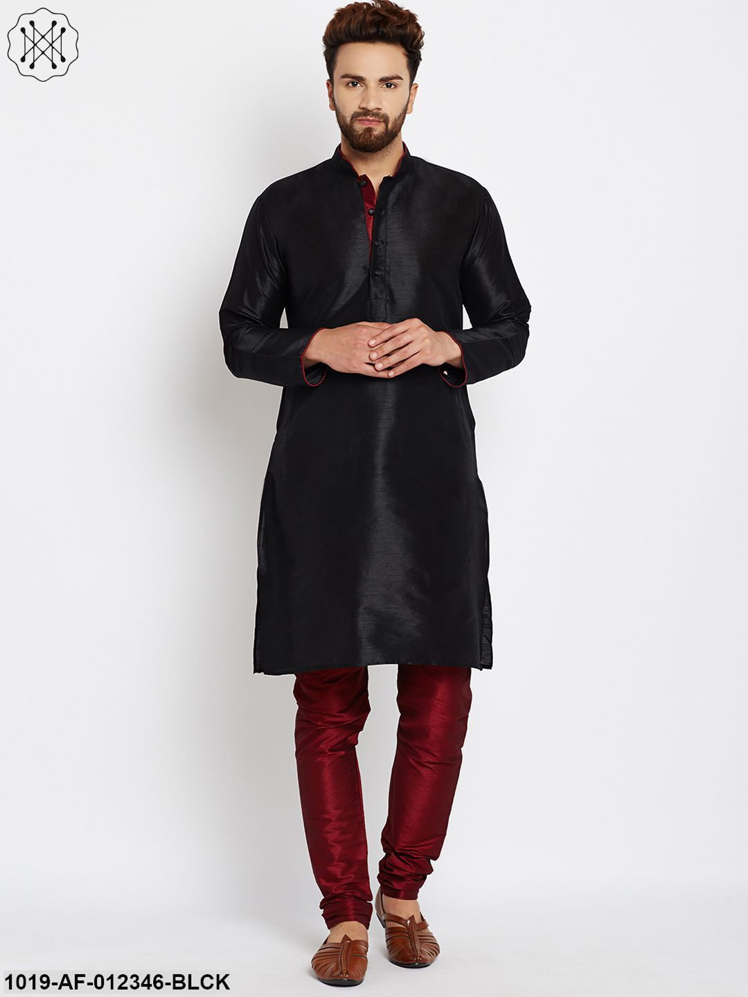 Men's Black, Dupion Silk Kurta Churidaar Set