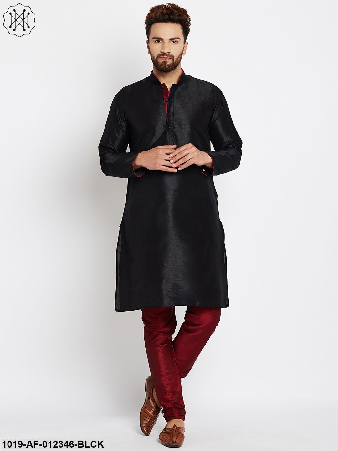 Men's Black, Dupion Silk Kurta Churidaar Set