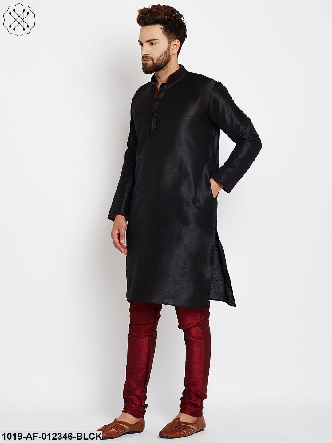 Men's Black, Dupion Silk Kurta Churidaar Set
