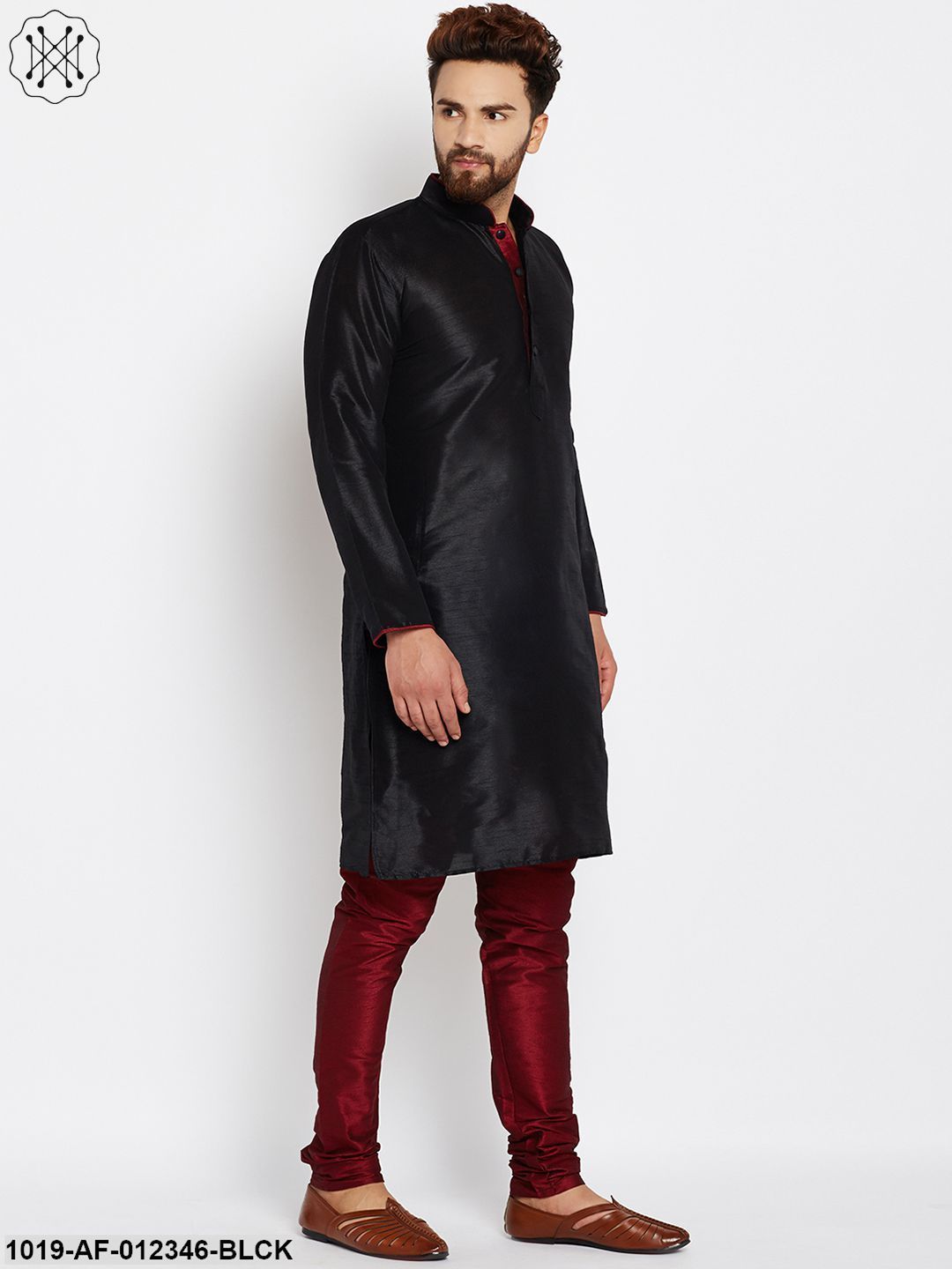 Men's Black, Dupion Silk Kurta Churidaar Set