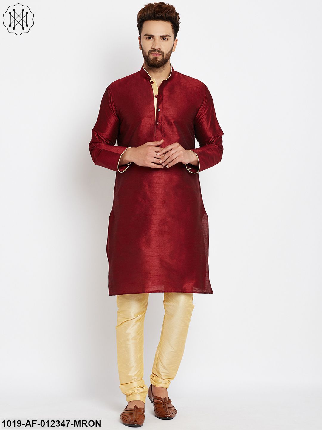 Men's Maroon, Dupion Silk Kurta Churidaar Set