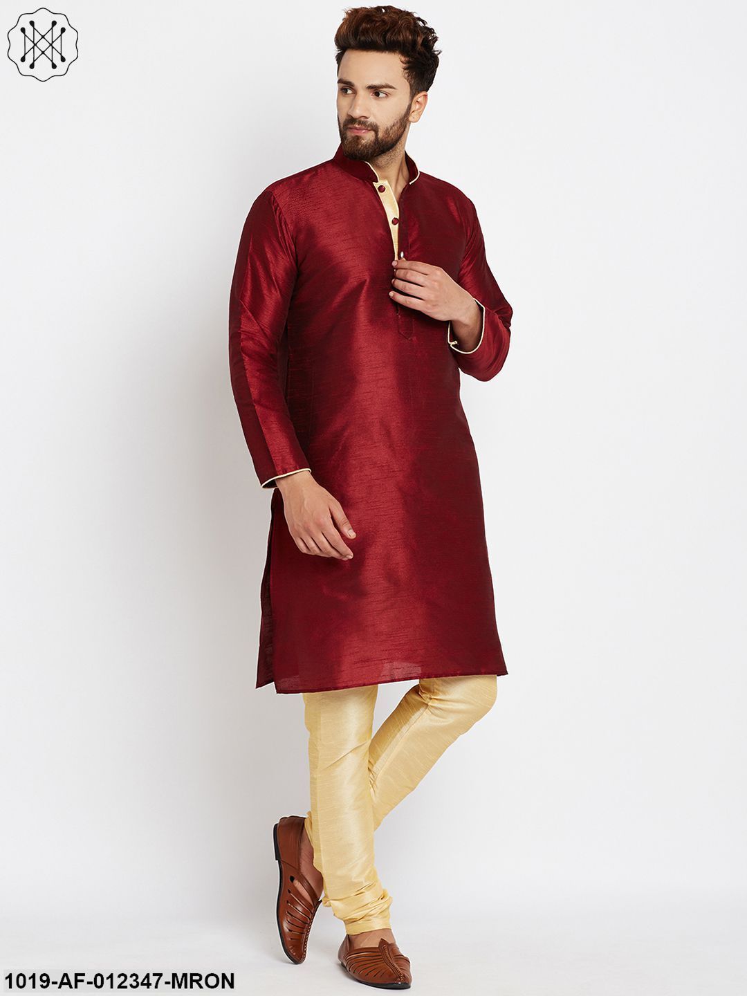 Men's Maroon, Dupion Silk Kurta Churidaar Set