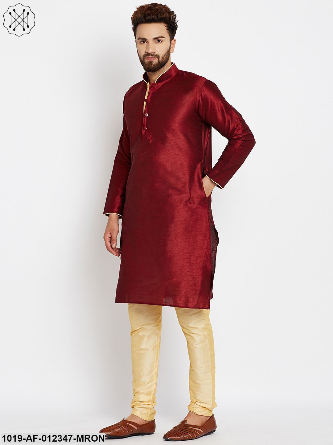 Men's Maroon, Dupion Silk Kurta Churidaar Set