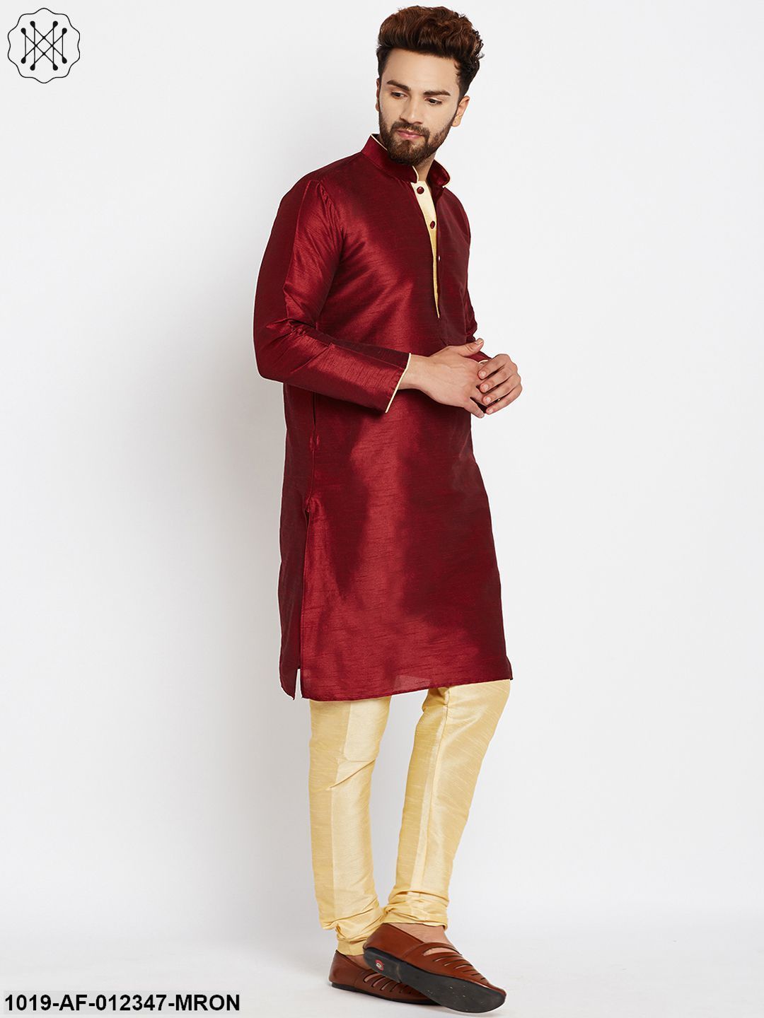 Men's Maroon, Dupion Silk Kurta Churidaar Set