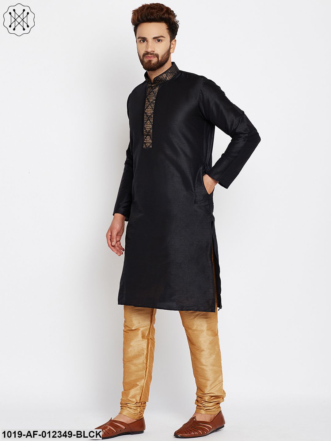 Men's Black, Dupion Silk Kurta Churidaar Set