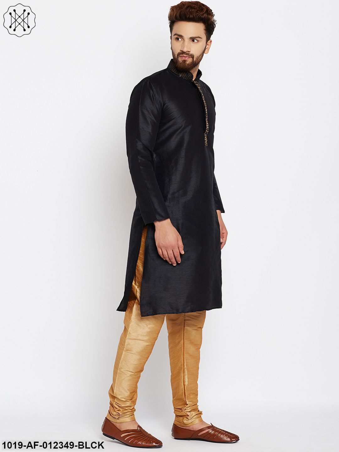 Men's Black, Dupion Silk Kurta Churidaar Set