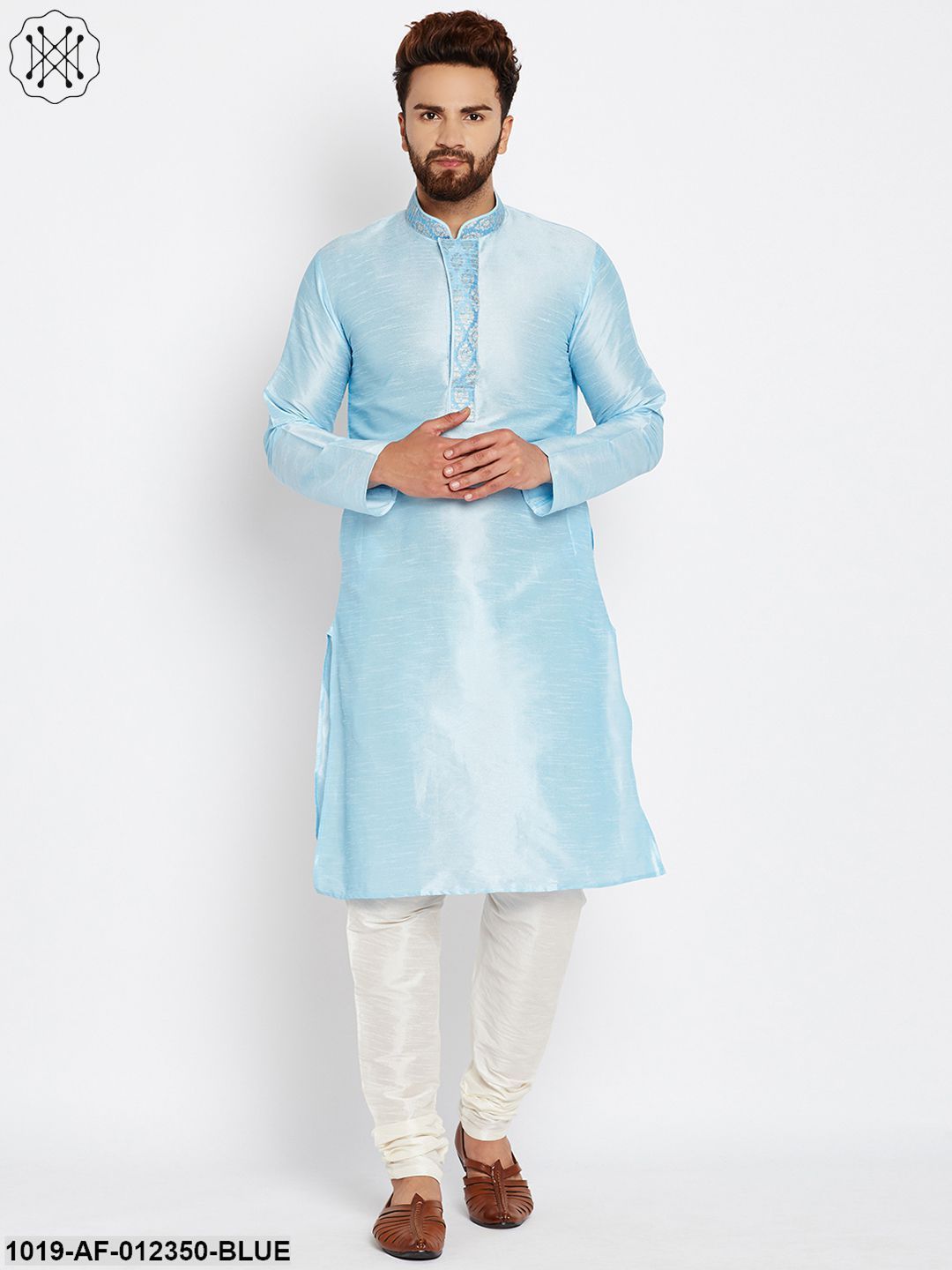 Men's Aqua Blue, Dupion Silk Kurta Churidaar Set
