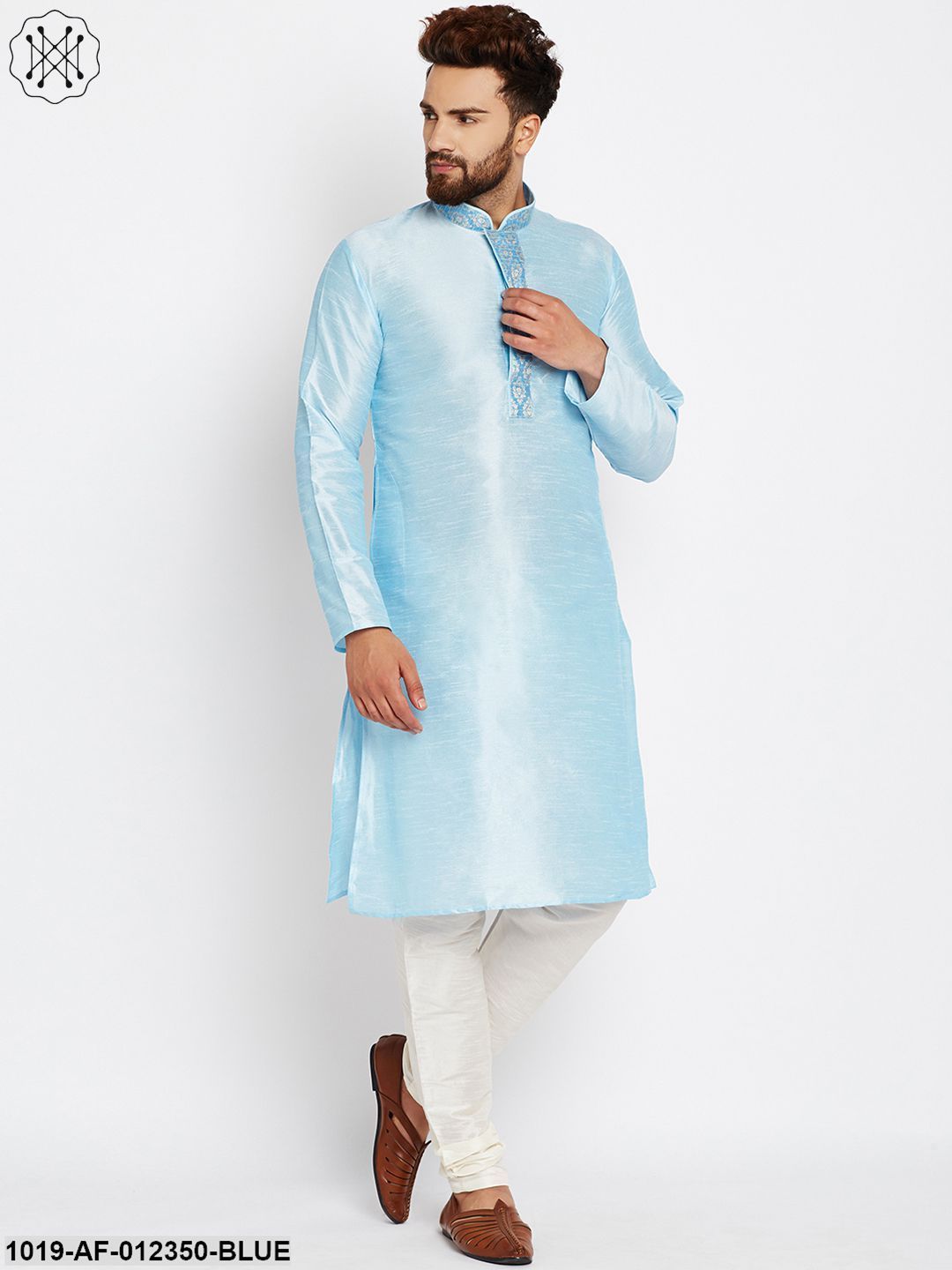 Men's Aqua Blue, Dupion Silk Kurta Churidaar Set