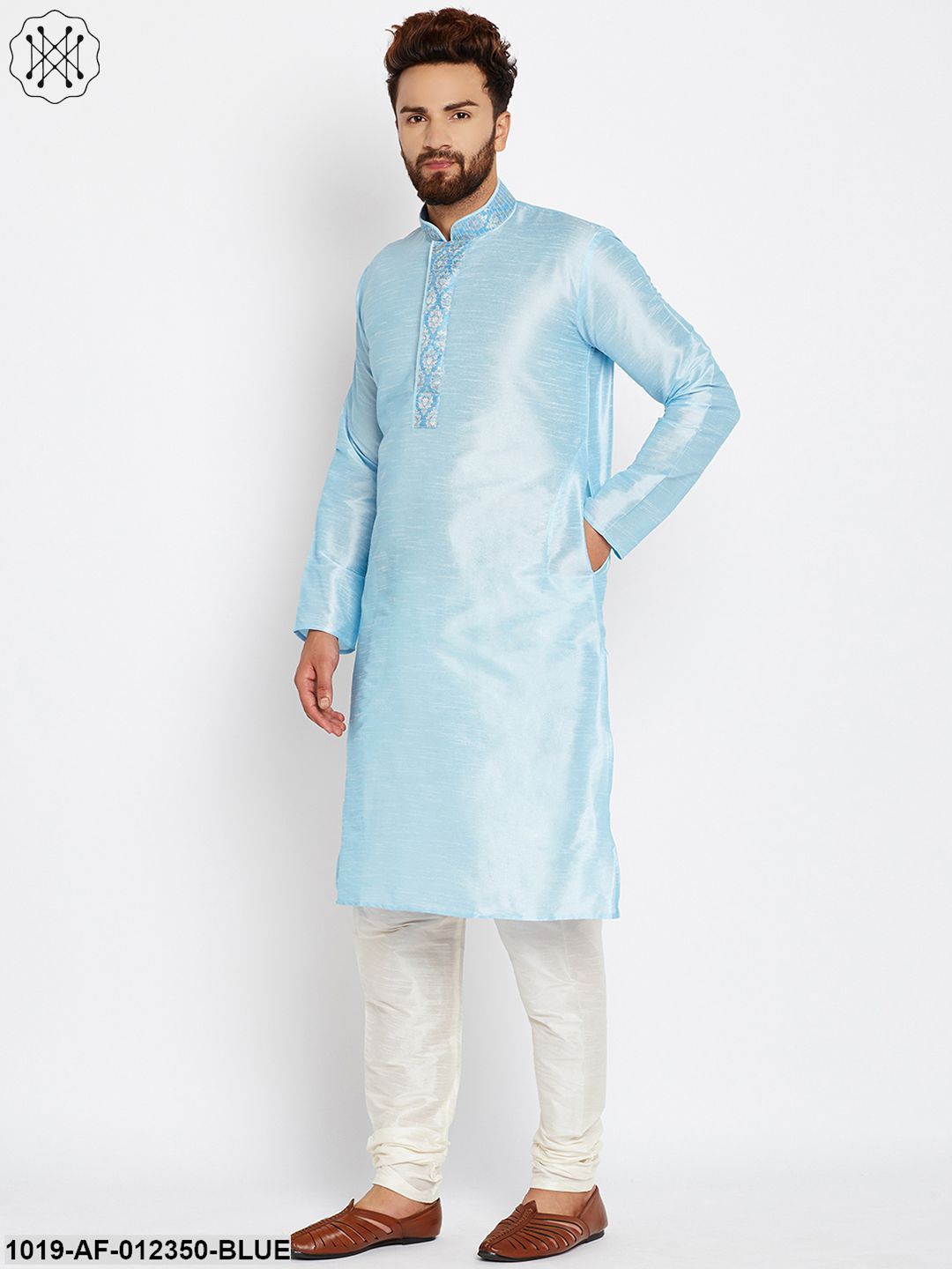 Men's Aqua Blue, Dupion Silk Kurta Churidaar Set