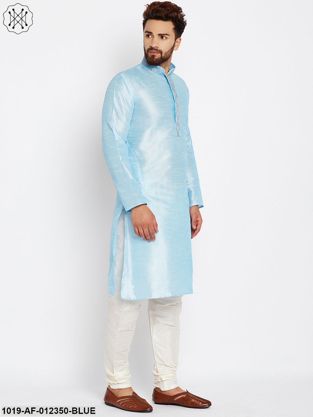 Men's Aqua Blue, Dupion Silk Kurta Churidaar Set