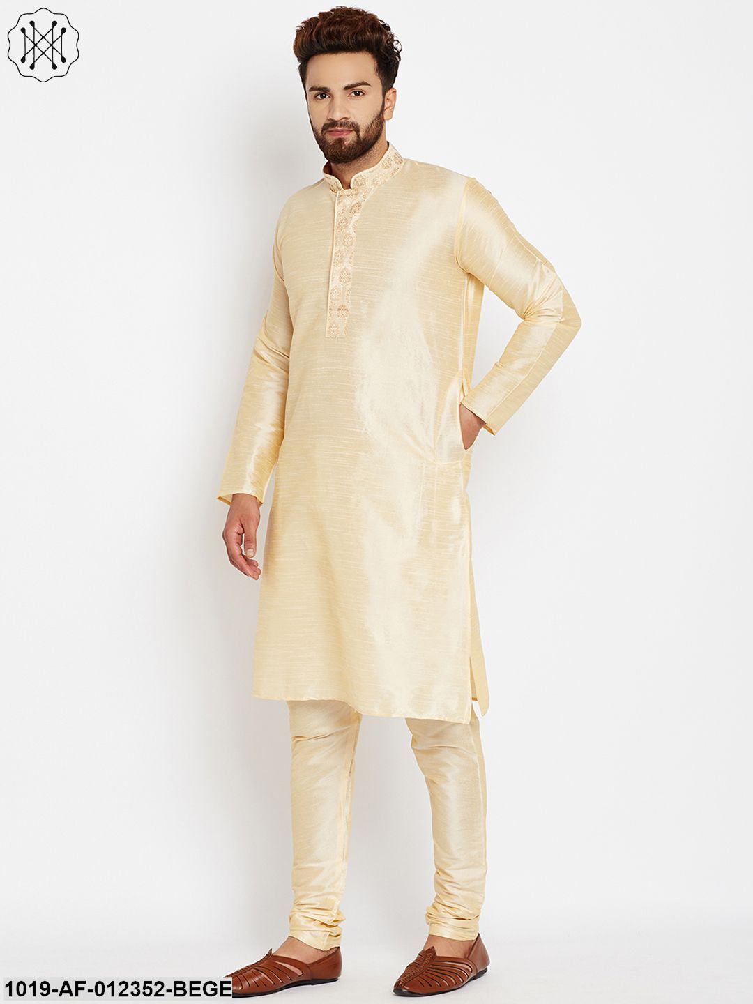Men's Golden, Dupion Silk Kurta Churidaar Set