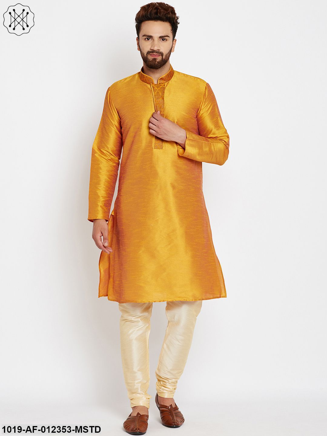 Men's Mustard, Dupion Silk Kurta Churidaar Set