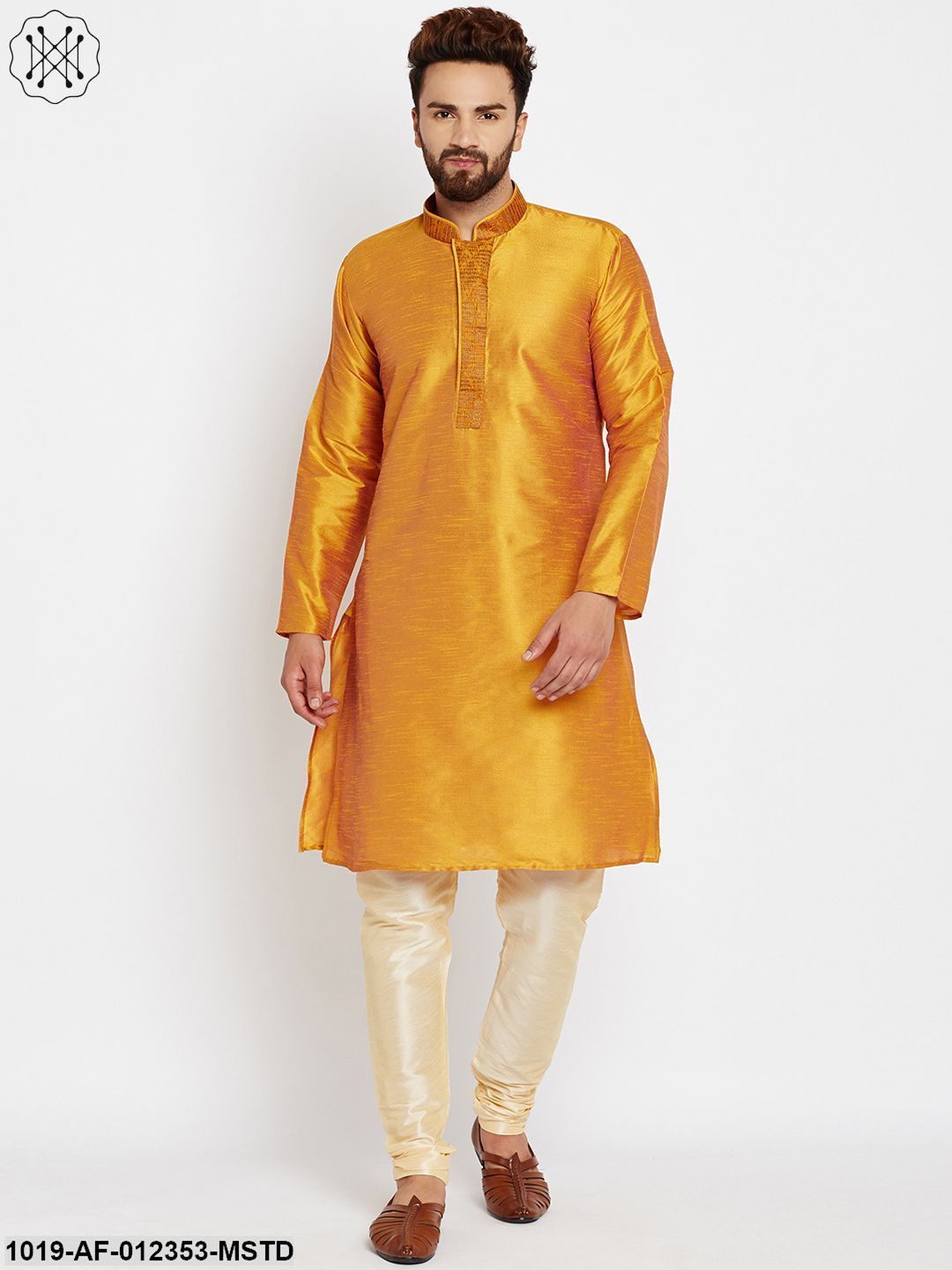 Men's Mustard, Dupion Silk Kurta Churidaar Set