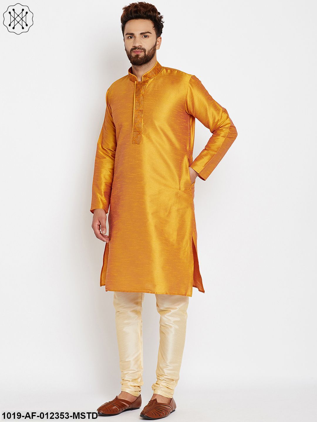 Men's Mustard, Dupion Silk Kurta Churidaar Set
