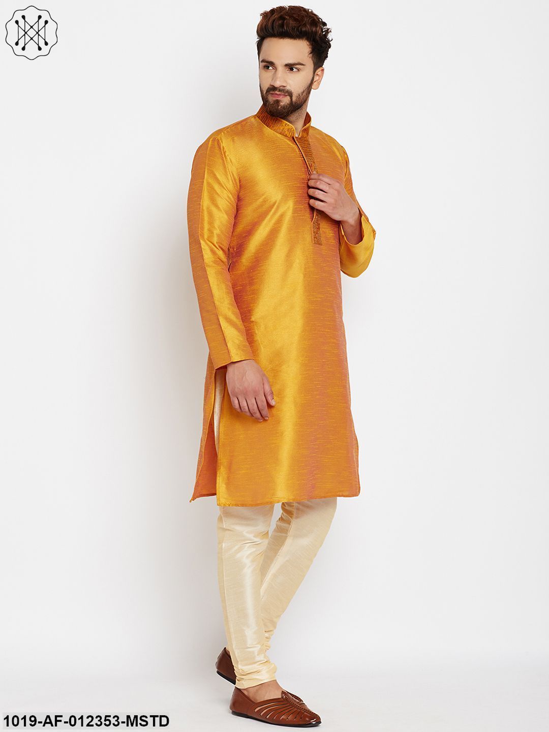 Men's Mustard, Dupion Silk Kurta Churidaar Set