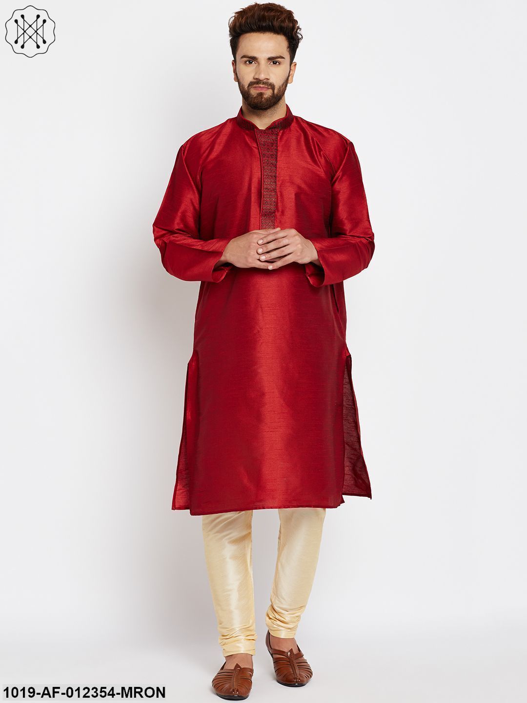 Men's Maroon, Dupion Silk Kurta Churidaar Set