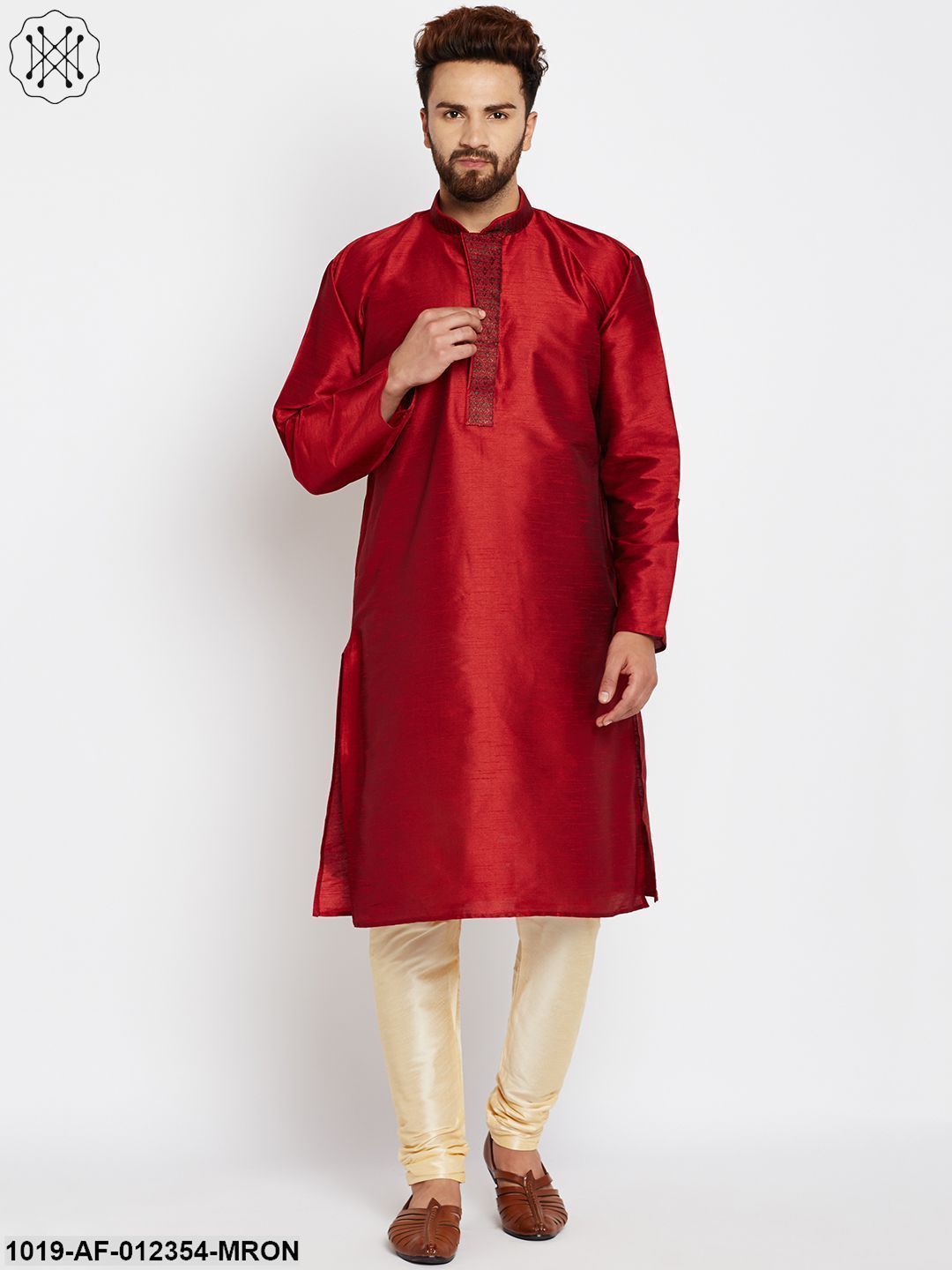 Men's Maroon, Dupion Silk Kurta Churidaar Set