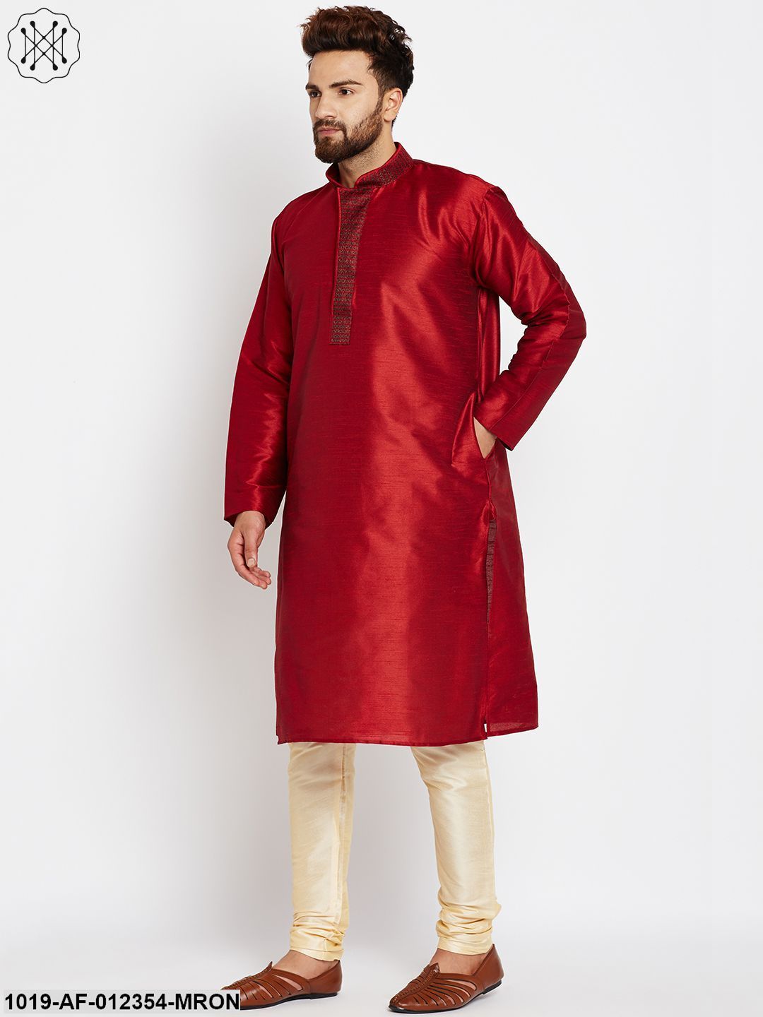 Men's Maroon, Dupion Silk Kurta Churidaar Set