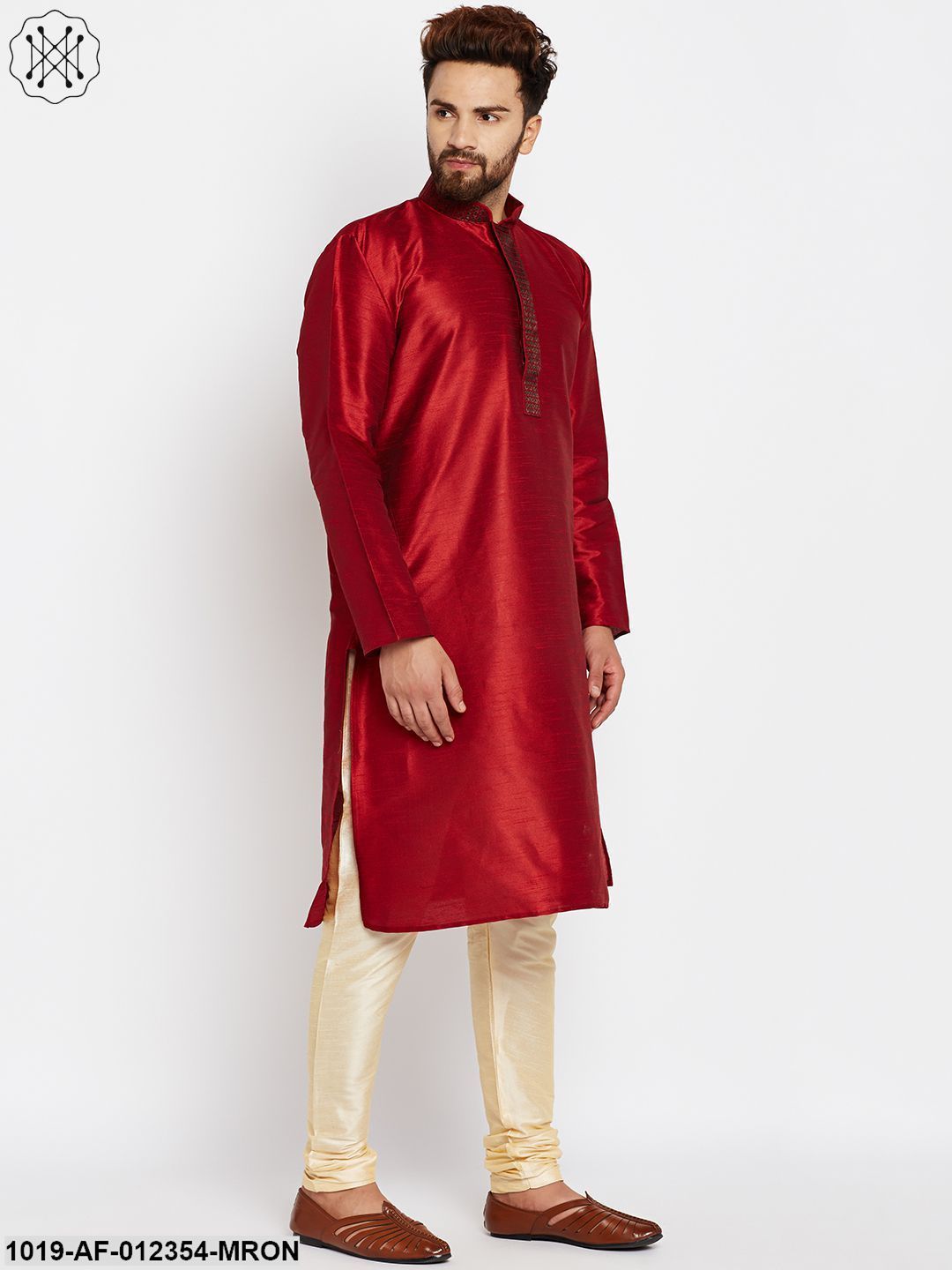 Men's Maroon, Dupion Silk Kurta Churidaar Set