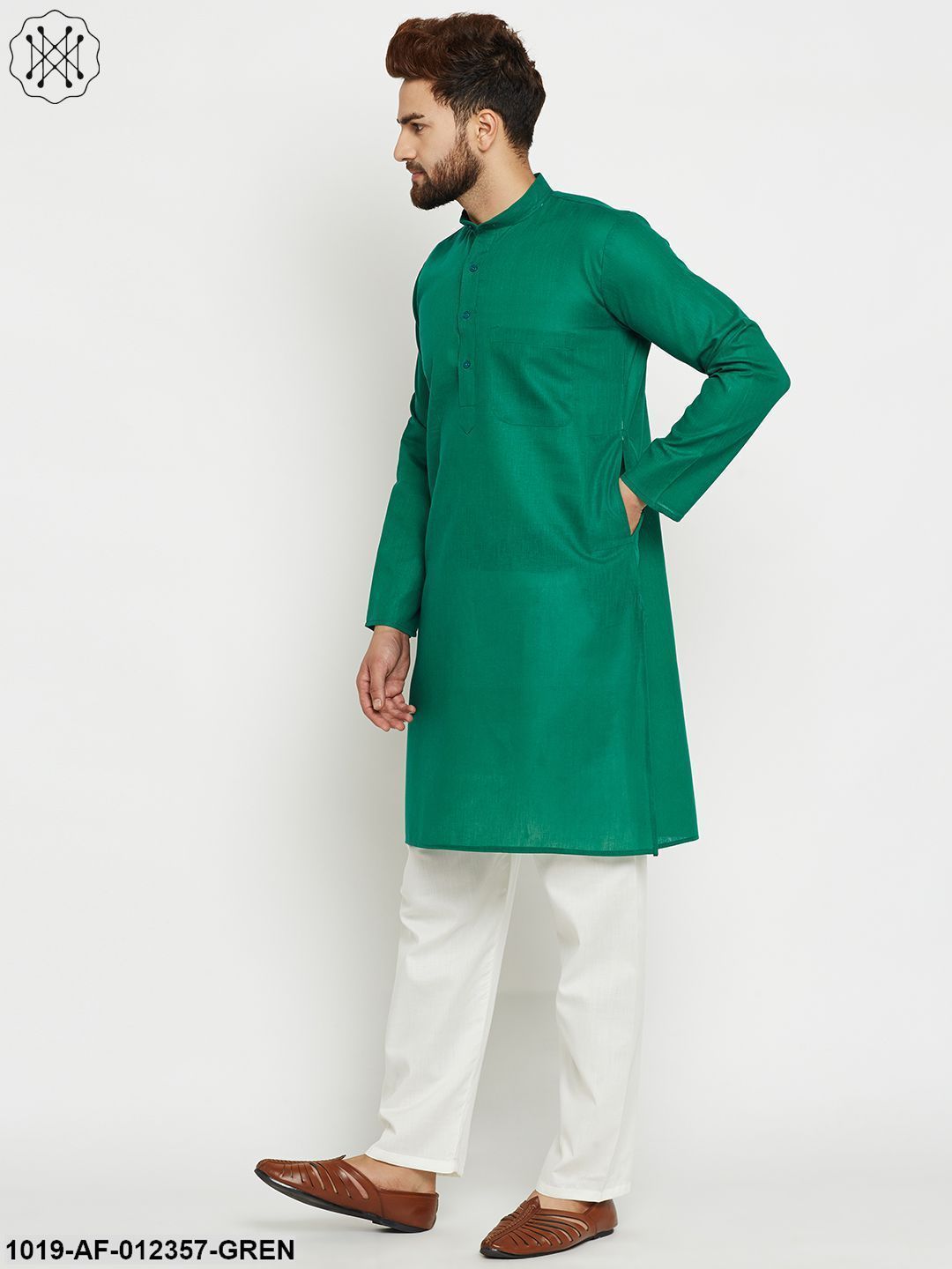 Men's Dark Green, Cotton Linen Kurta Set - Sojanya
