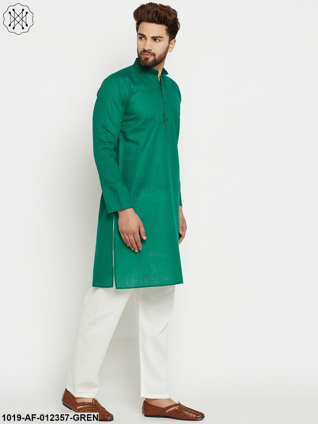 Men's Dark Green, Cotton Linen Kurta Set - Sojanya