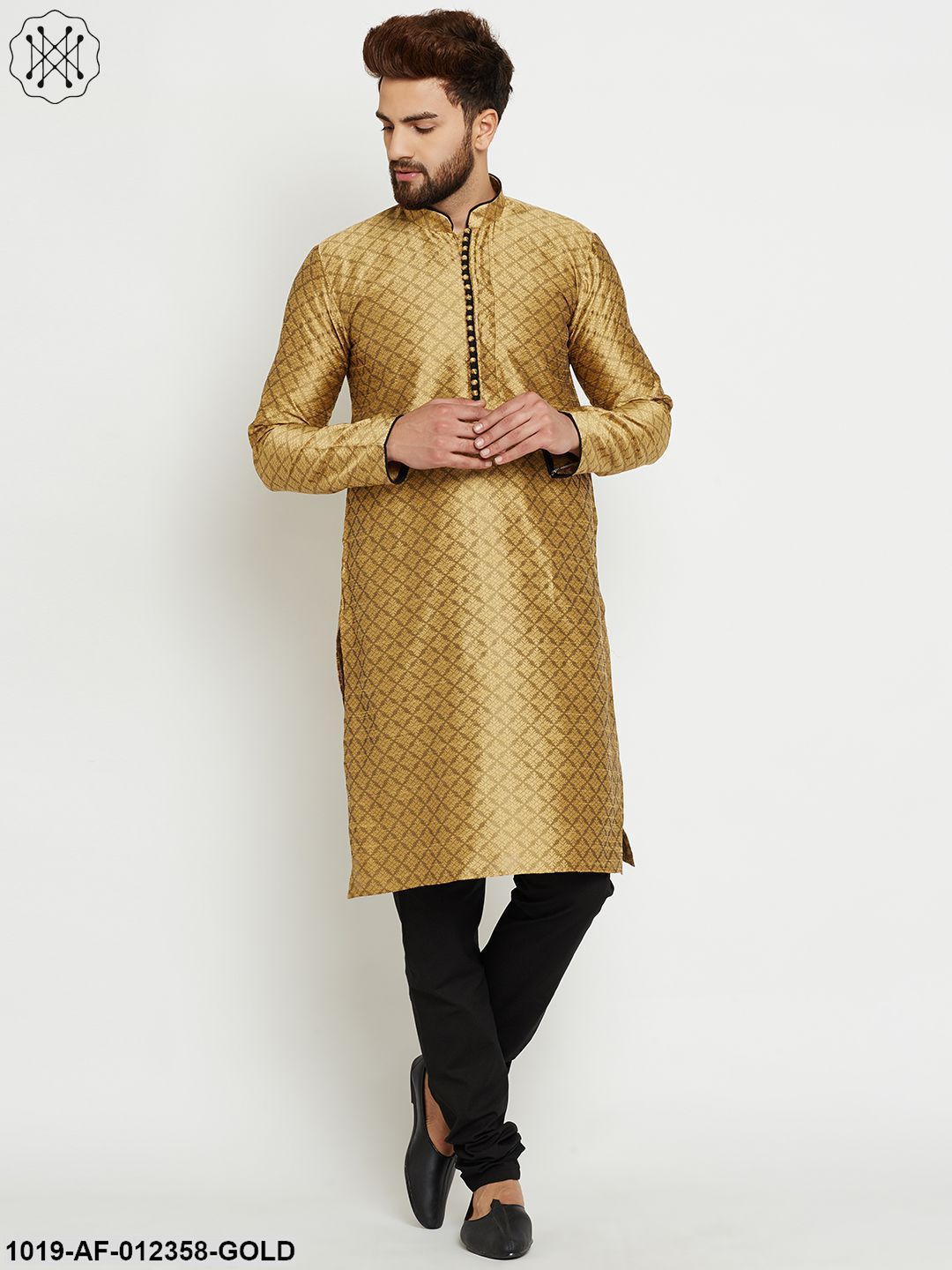 Men's Golden, Dupion Silk Kurta Churidaar Set
