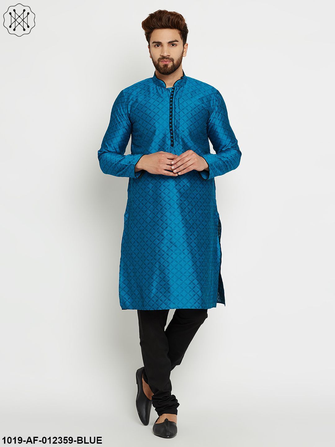 Men's Blue, Dupion Silk Kurta Churidaar Set