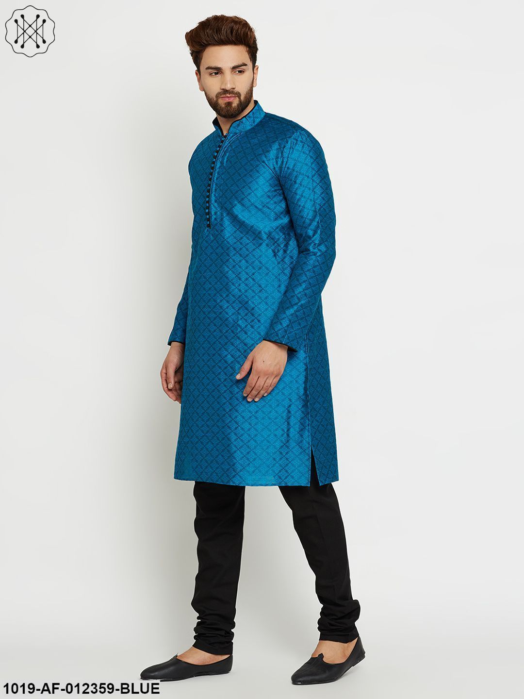 Men's Blue, Dupion Silk Kurta Churidaar Set