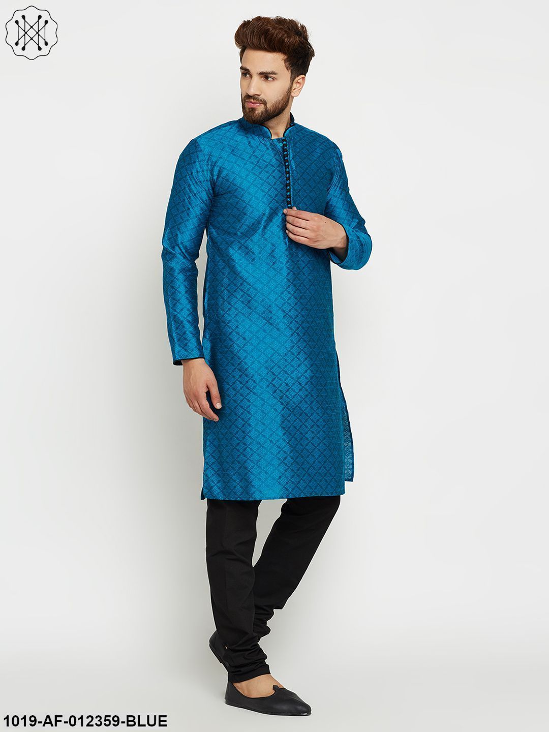 Men's Blue, Dupion Silk Kurta Churidaar Set