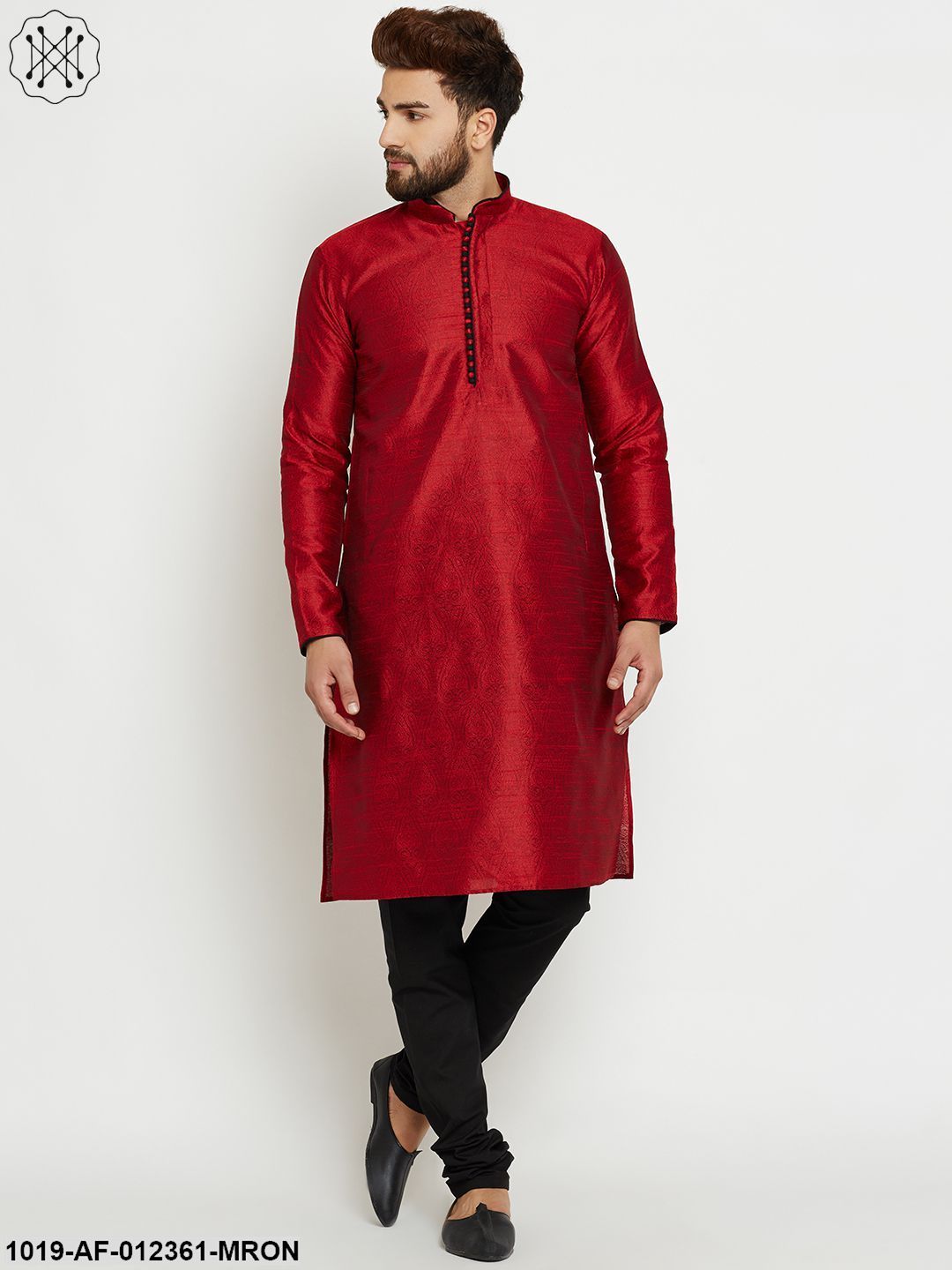 Men's Maroon, Dupion Silk Kurta Churidaar Set