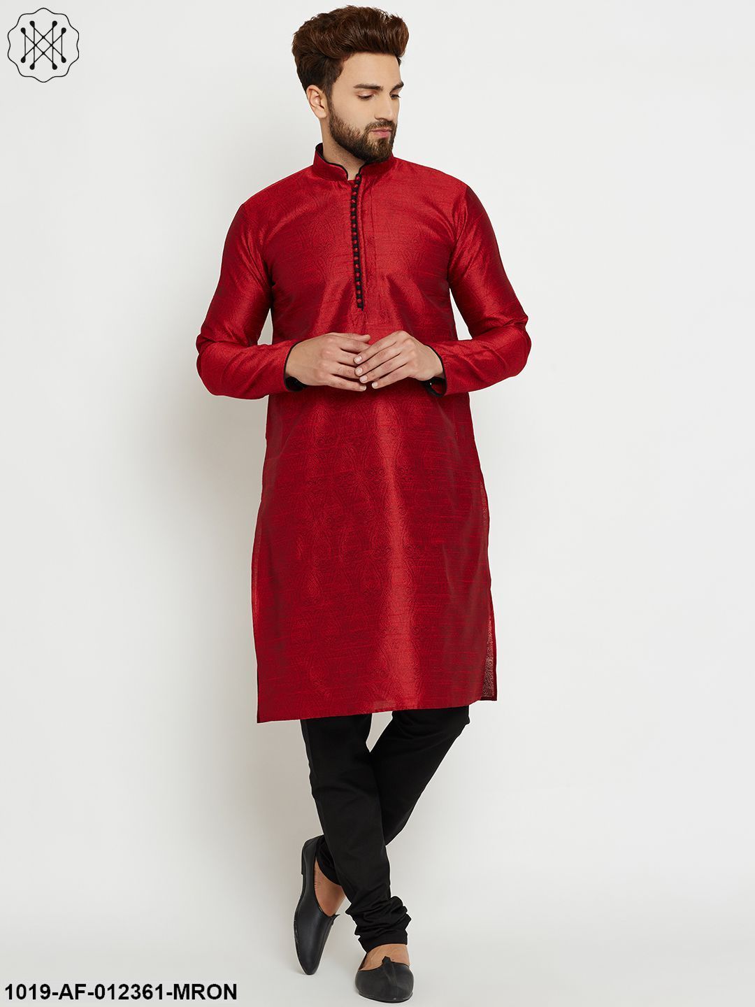 Men's Maroon, Dupion Silk Kurta Churidaar Set