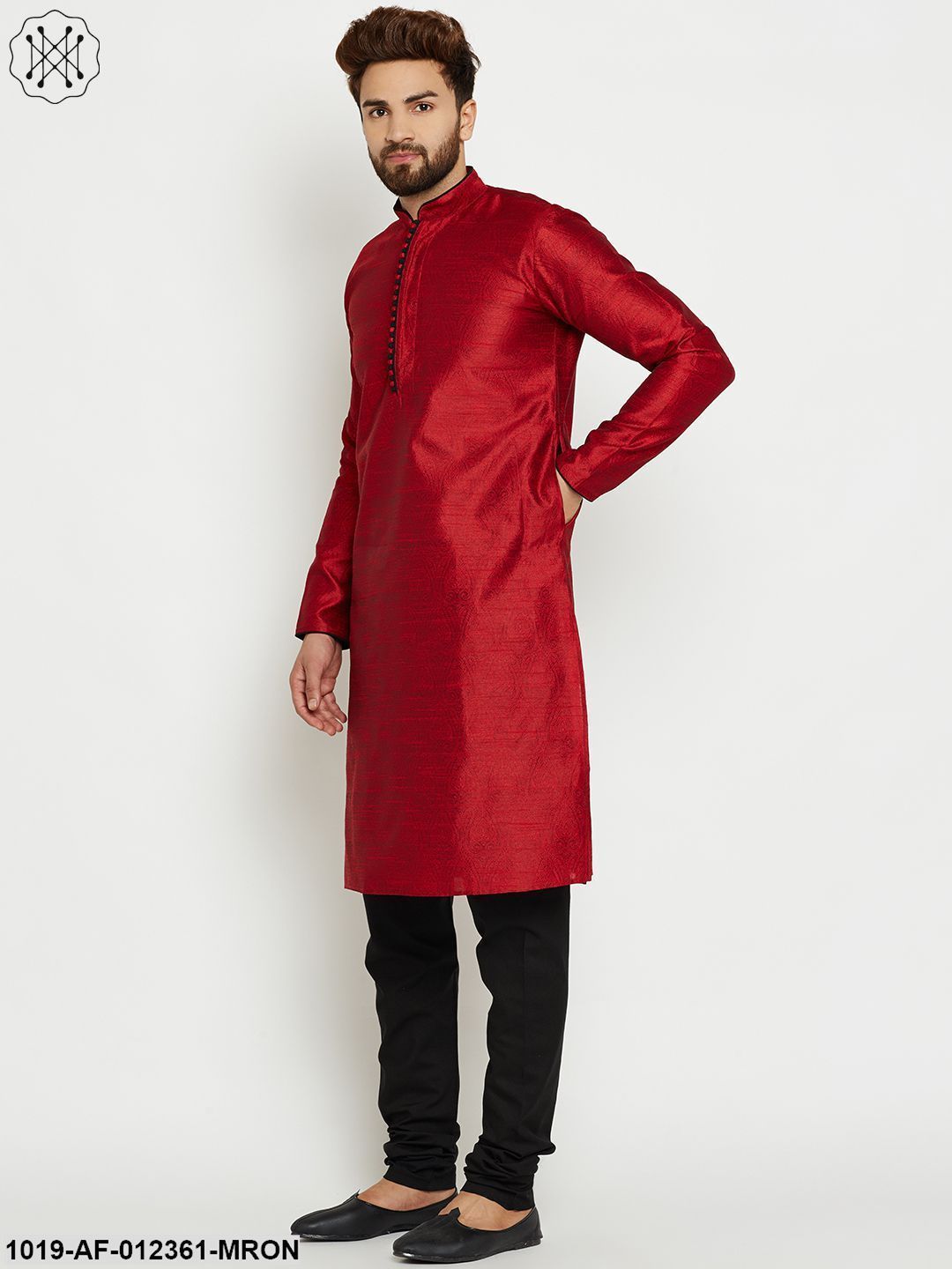 Men's Maroon, Dupion Silk Kurta Churidaar Set
