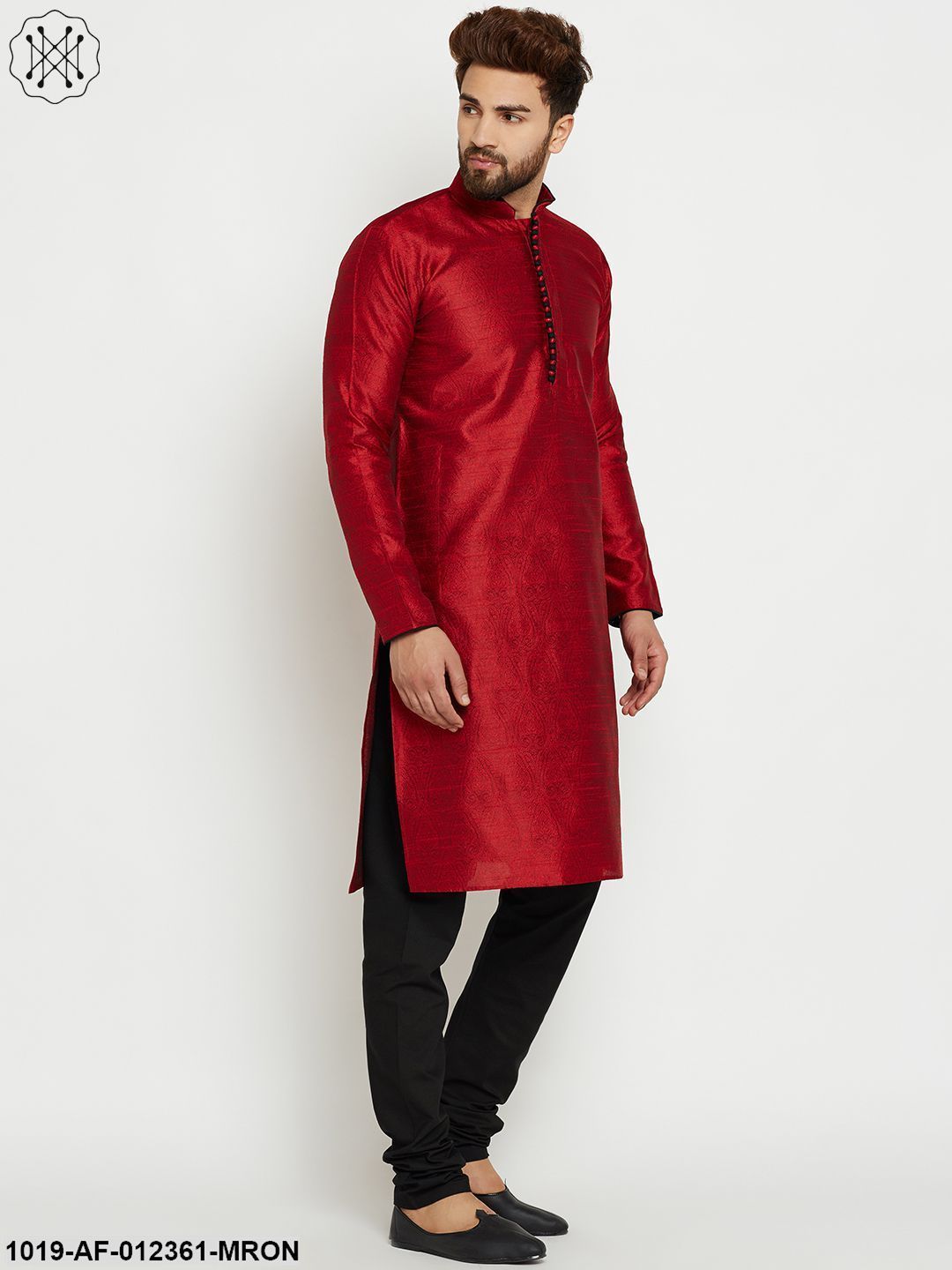 Men's Maroon, Dupion Silk Kurta Churidaar Set