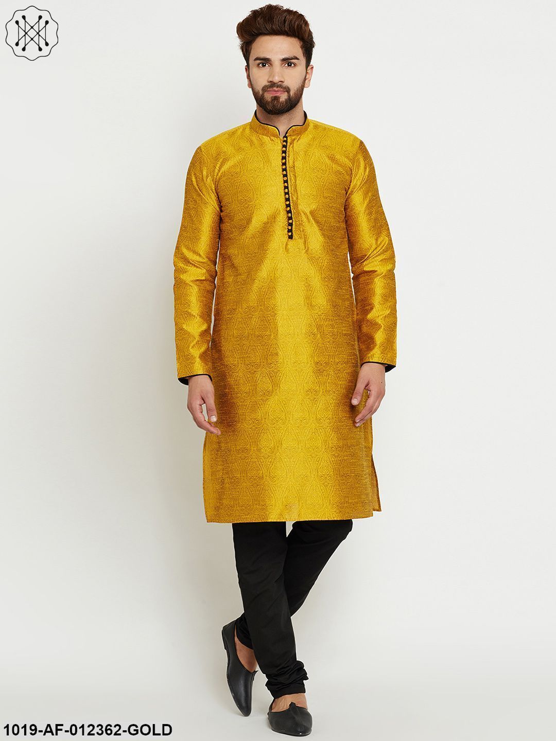 Men's Gold Yellow, Dupion Silk Kurta Churidaar Set