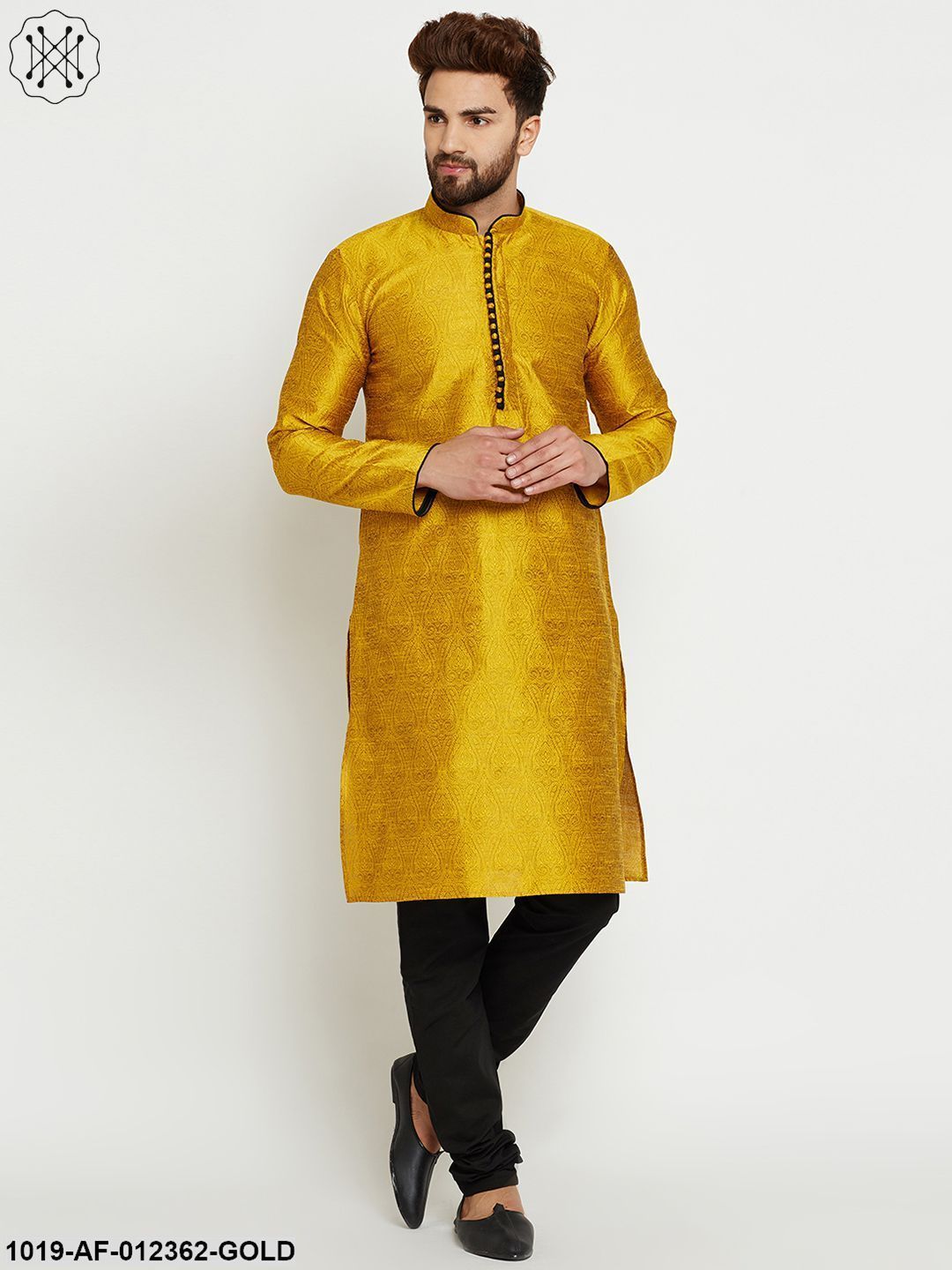 Men's Gold Yellow, Dupion Silk Kurta Churidaar Set